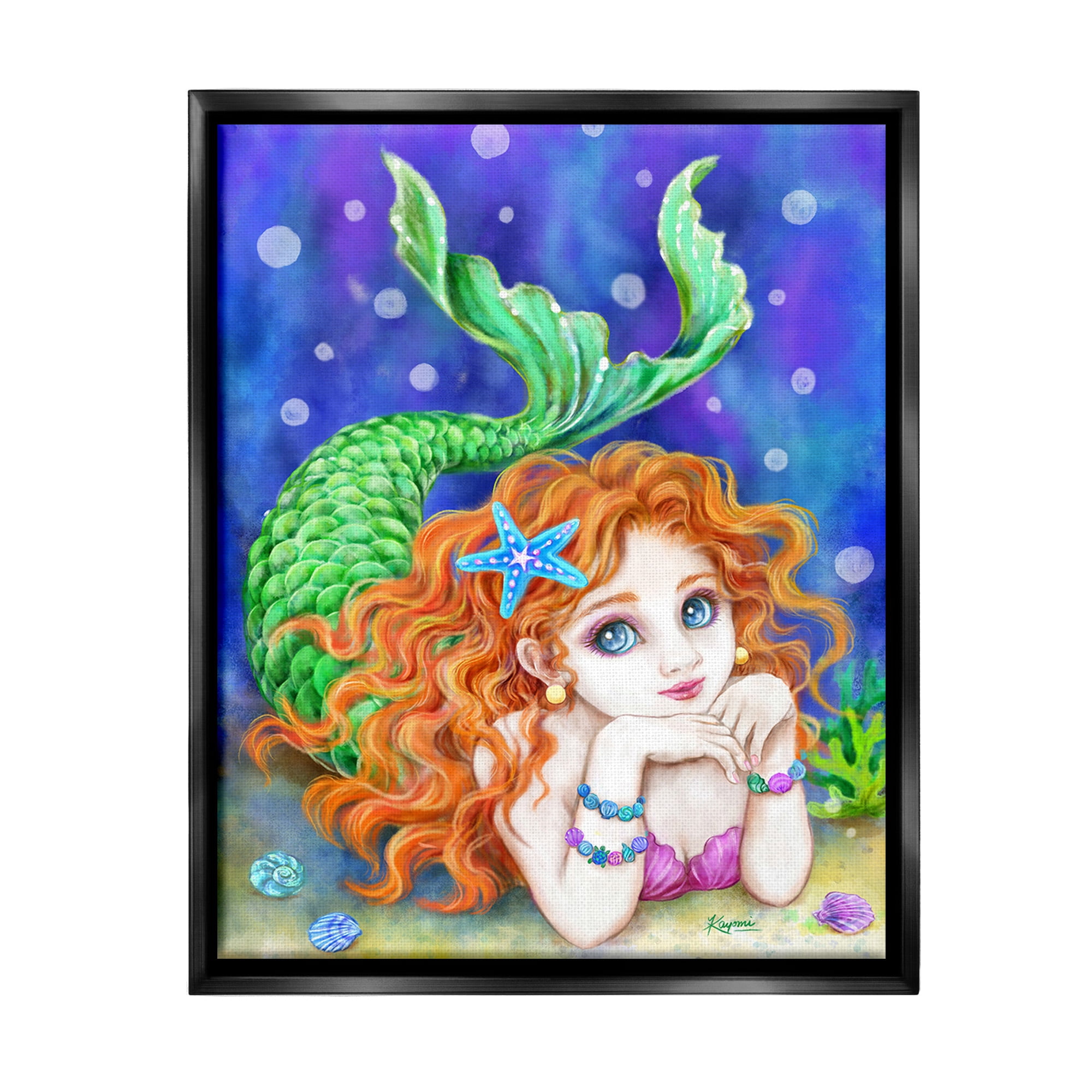 Stupell Industries Relaxing Mermaid Underwater Fairy Tales & Fantasy Painting Black Floater Framed Canvas Art Print Wall Art, 25 x 31