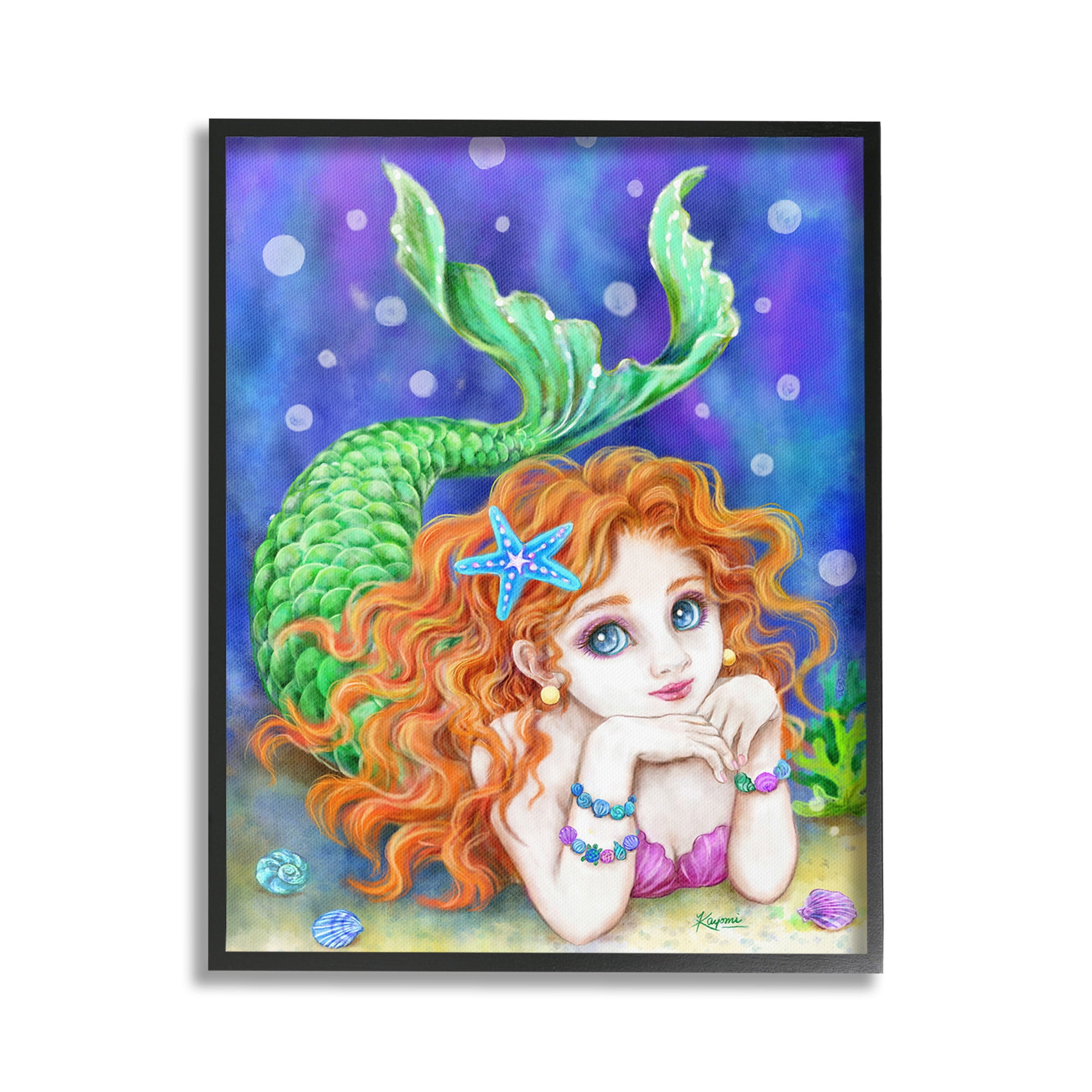 Stupell Industries Relaxing Mermaid Underwater Fairy Tales & Fantasy Painting Black Framed Art Print Wall Art, 24 x 30