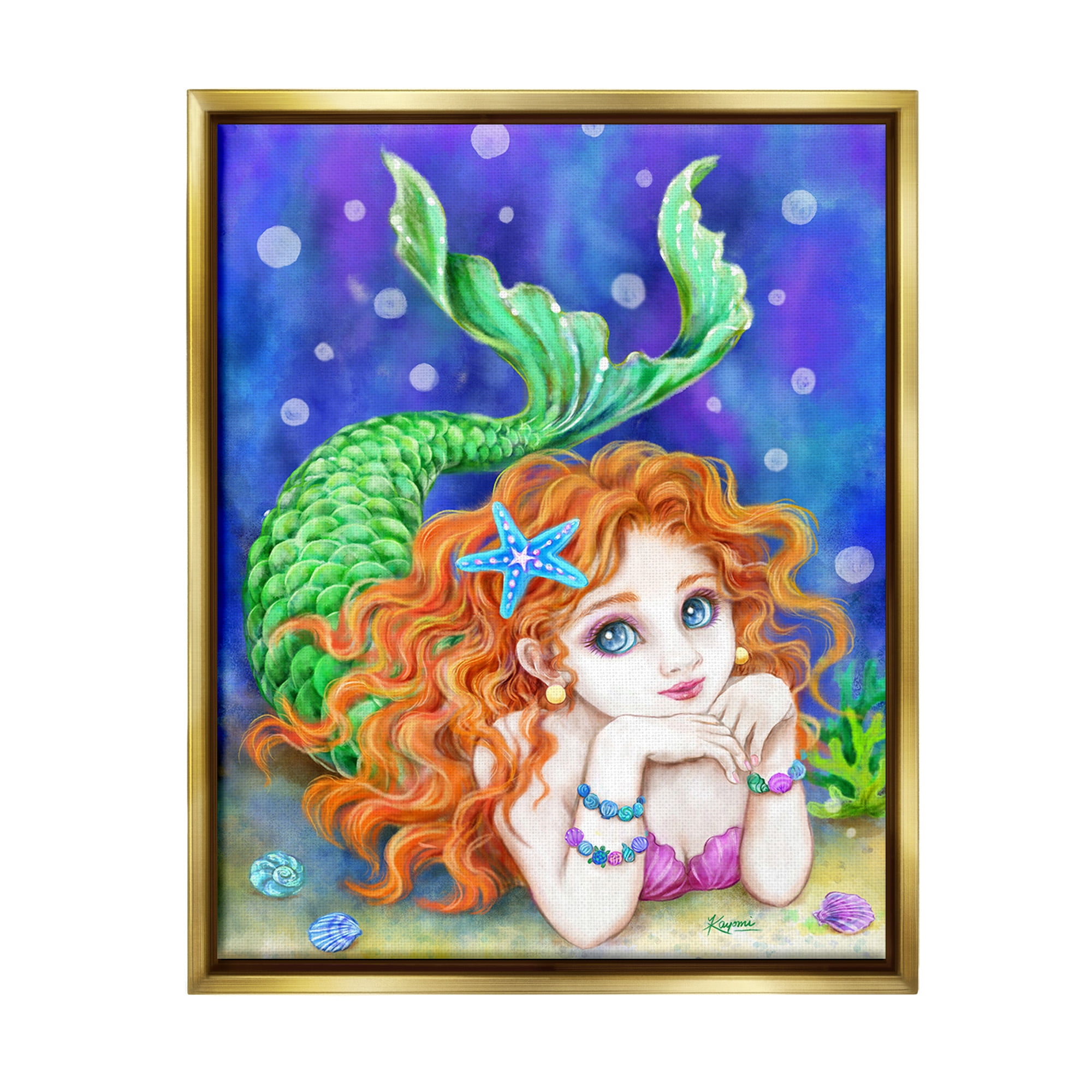 Stupell Industries Relaxing Mermaid Underwater Fairy Tales & Fantasy Painting Gold Floater Framed Canvas Art Print Wall Art, 25 x 31