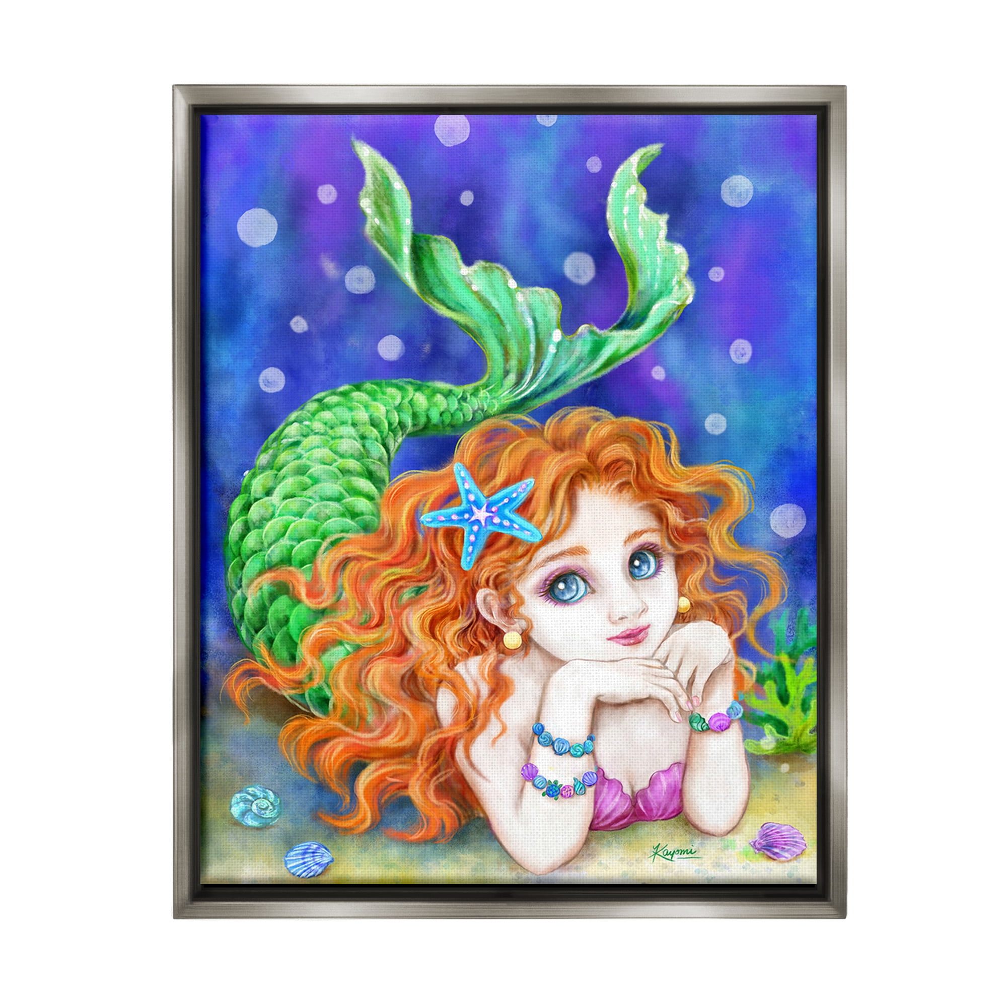 Stupell Industries Relaxing Mermaid Underwater Fairy Tales & Fantasy Painting Gray Floater Framed Canvas Art Print Wall Art, 25 x 31