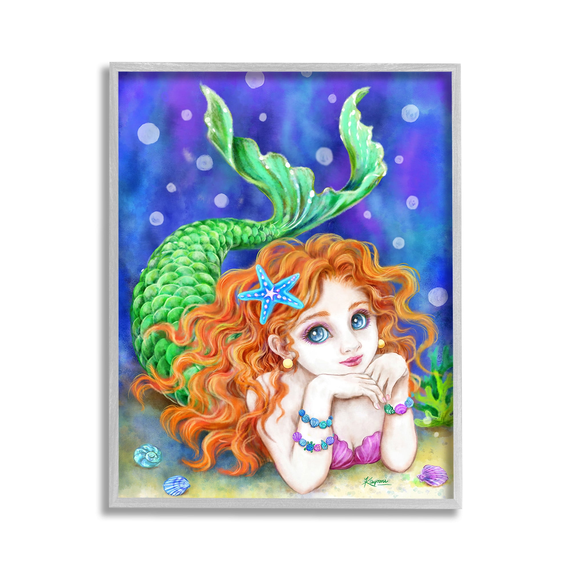Stupell Industries Relaxing Mermaid Underwater Fairy Tales & Fantasy Painting Gray Framed Art Print Wall Art, 11 x 14