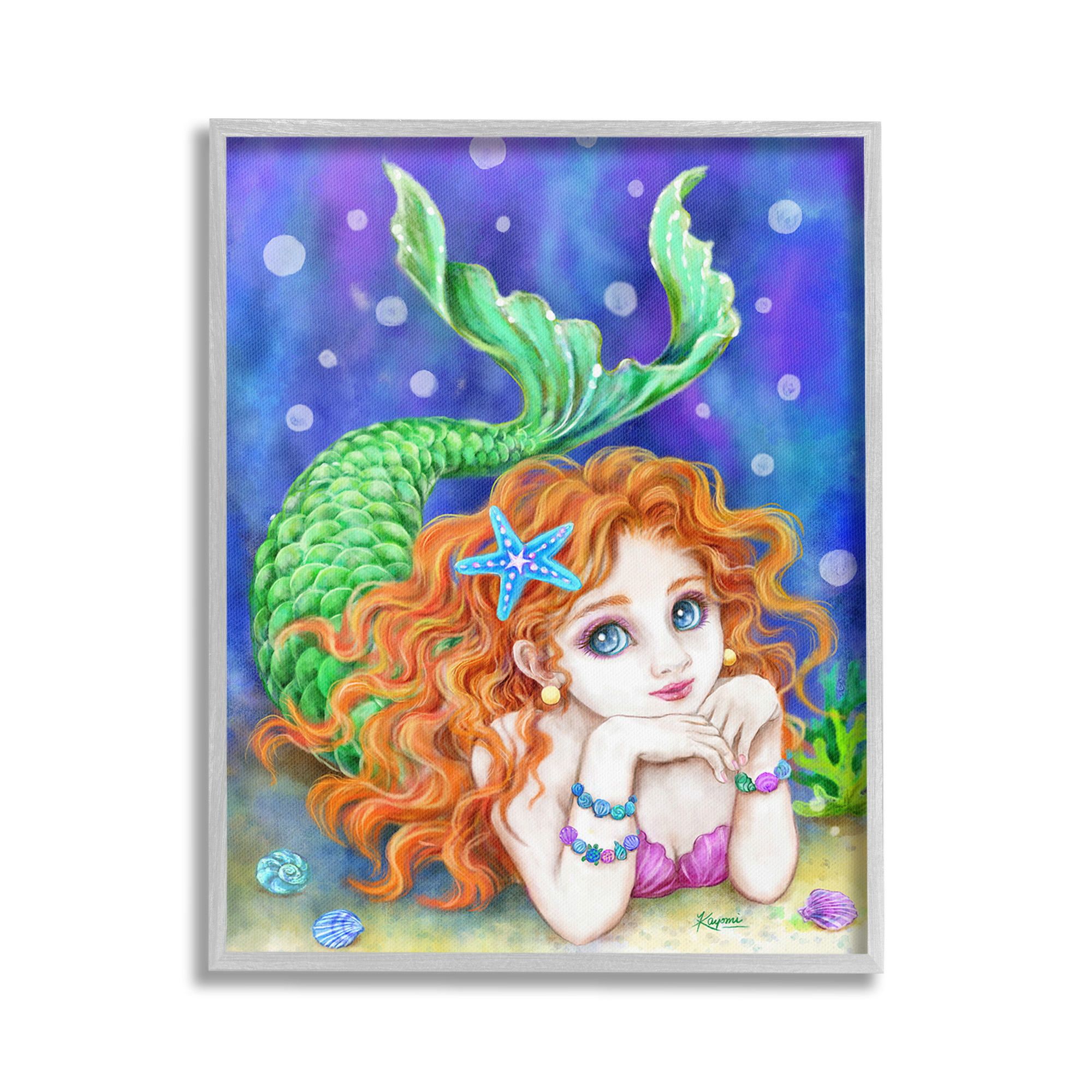 Stupell Industries Relaxing Mermaid Underwater Fairy Tales & Fantasy Painting Gray Framed Art Print Wall Art, 24 x 30