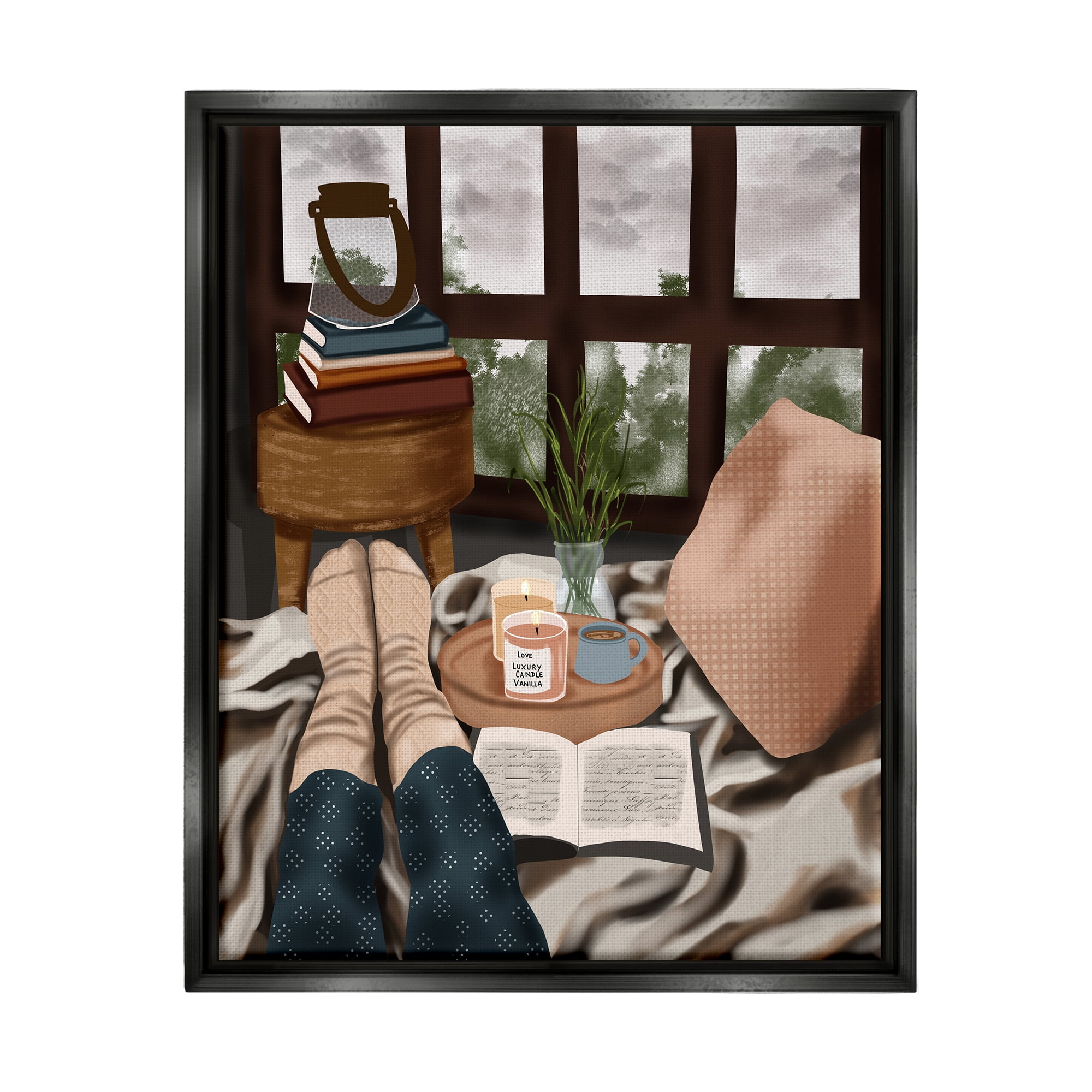 Stupell Industries Relaxing Reading in Bed Botanical & Floral Painting Black Floater Framed Canvas Art Print Wall Art, 17 x 21
