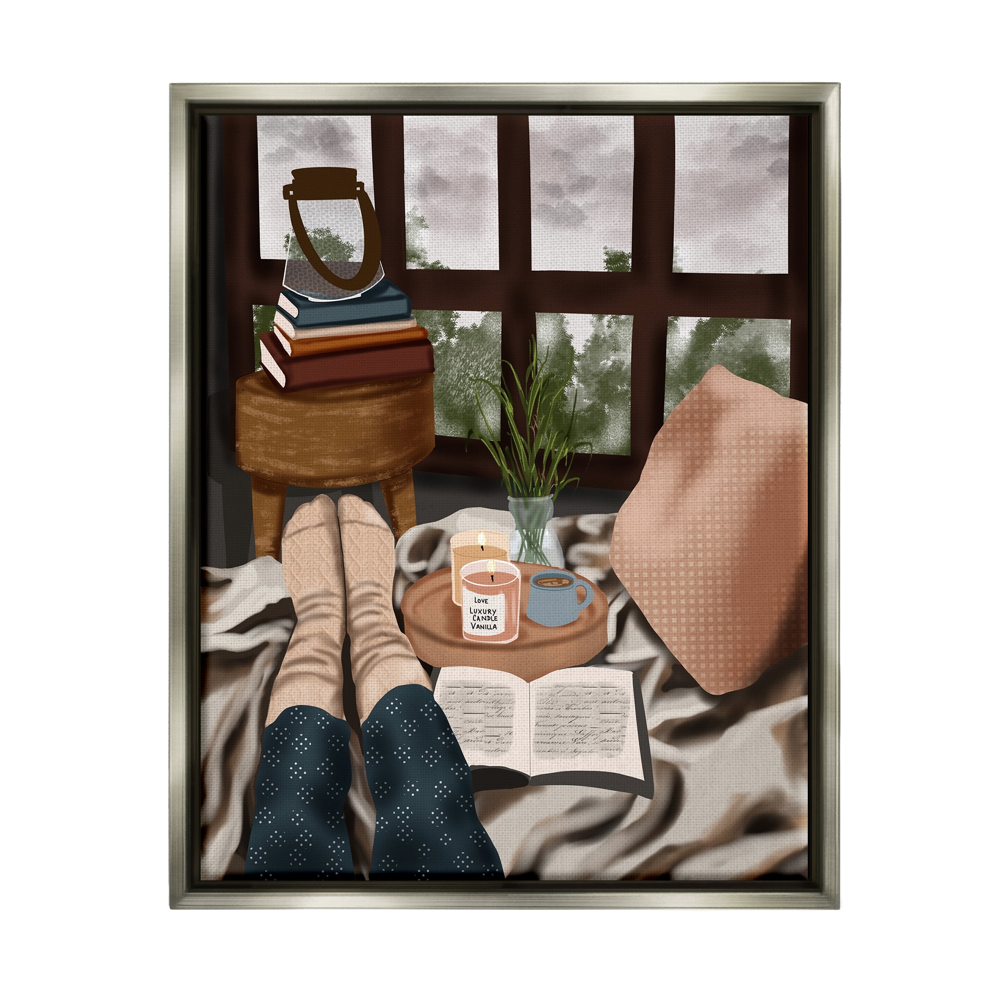 Stupell Industries Relaxing Reading in Bed Botanical & Floral Painting Gray Floater Framed Canvas Art Print Wall Art, 17 x 21