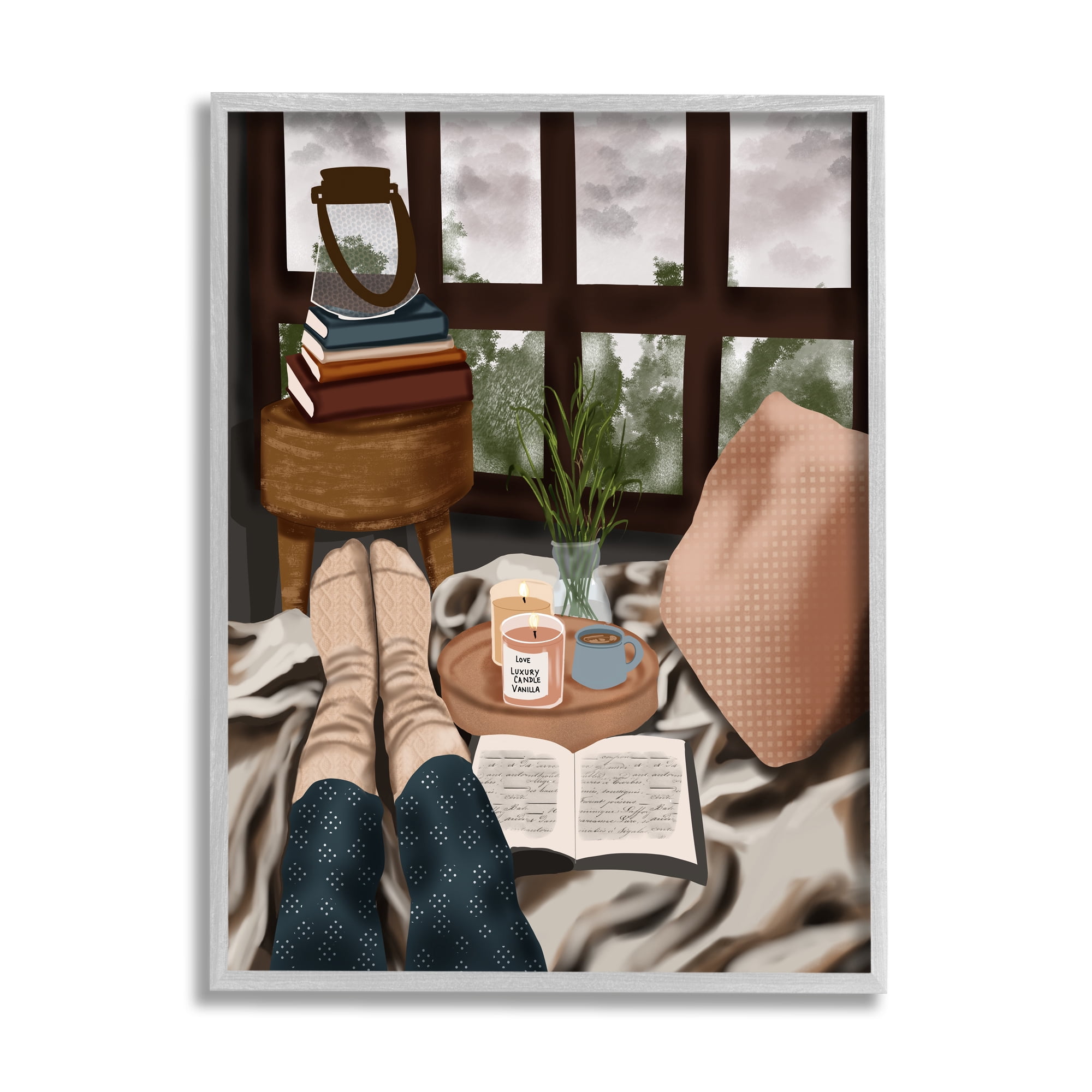 Stupell Industries Relaxing Reading in Bed Botanical & Floral Painting Gray Framed Art Print Wall Art, 11 x 14
