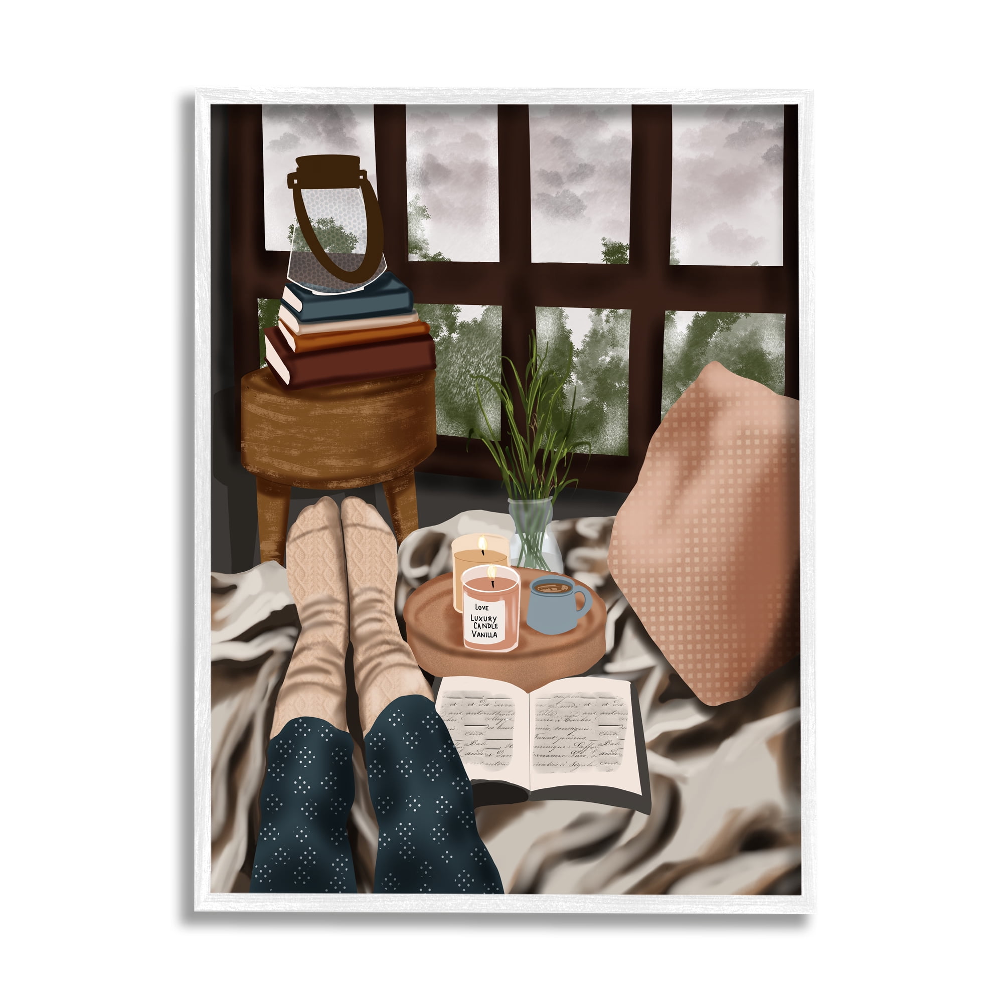 Stupell Industries Relaxing Reading in Bed Botanical & Floral Painting White Framed Art Print Wall Art, 11 x 14