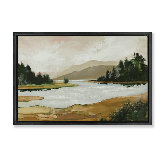 Stupell Industries Relaxing Valley Lake Landscape & Nature Painting Black Floater Framed Canvas Art Print Wall Art, 25 x 17