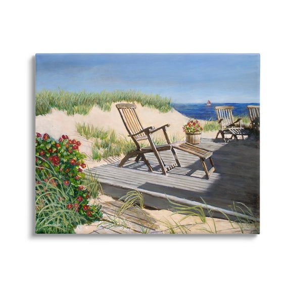 Stupell Industries Relaxing Waterfront Boardwalk Beach Chairs Summer Scene Painting Gallery Wrapped Canvas Print Wall Art, Design by Tom Mielko