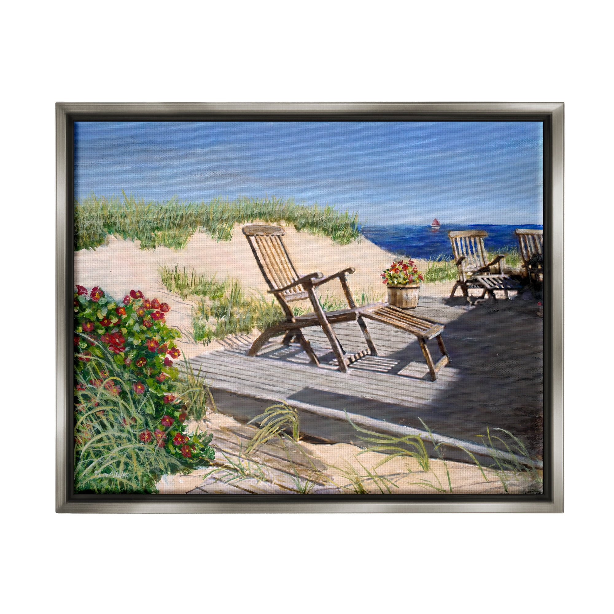 Stupell Industries Relaxing Waterfront Boardwalk Beach Chairs Summer Scene Painting Luster Gray Floating Framed Canvas Print Wall Art, Design by Tom Mielko