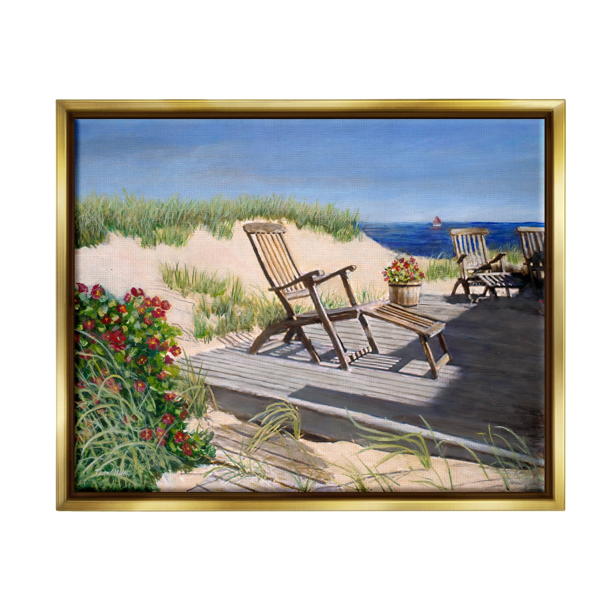 Stupell Industries Relaxing Waterfront Boardwalk Beach Chairs Summer Scene Painting Metallic Gold Floating Framed Canvas Print Wall Art, Design by Tom Mielko