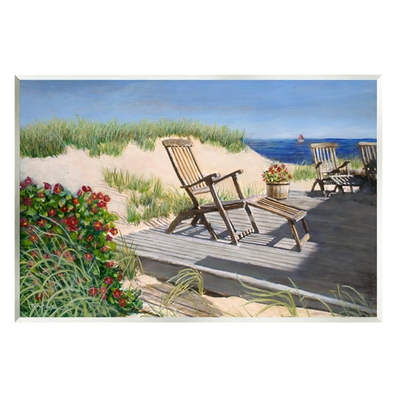 Stupell Industries Relaxing Waterfront Boardwalk Beach Chairs Summer Scene Painting Unframed Art Print Wall Art, Design by Tom Mielko
