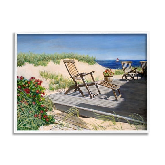 Stupell Industries Relaxing Waterfront Boardwalk Beach Chairs Summer Scene Painting White Framed Art Print Wall Art, Design by Tom Mielko