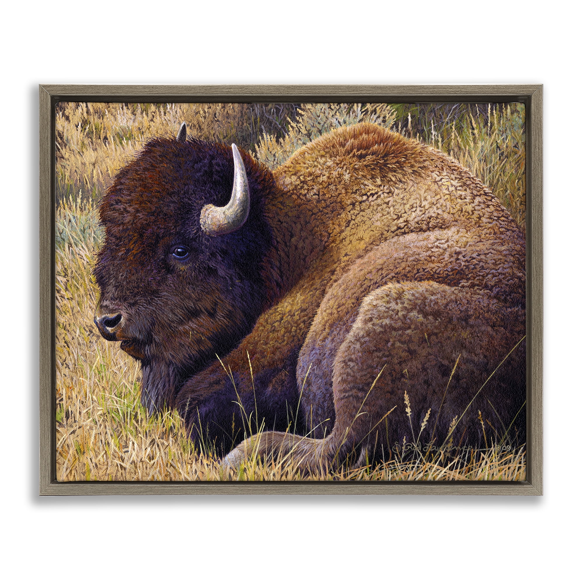 Stupell Industries Relaxing Young Bison Animals Painting Brown Floater Framed Canvas Art Print Wall Art, 31 x 25