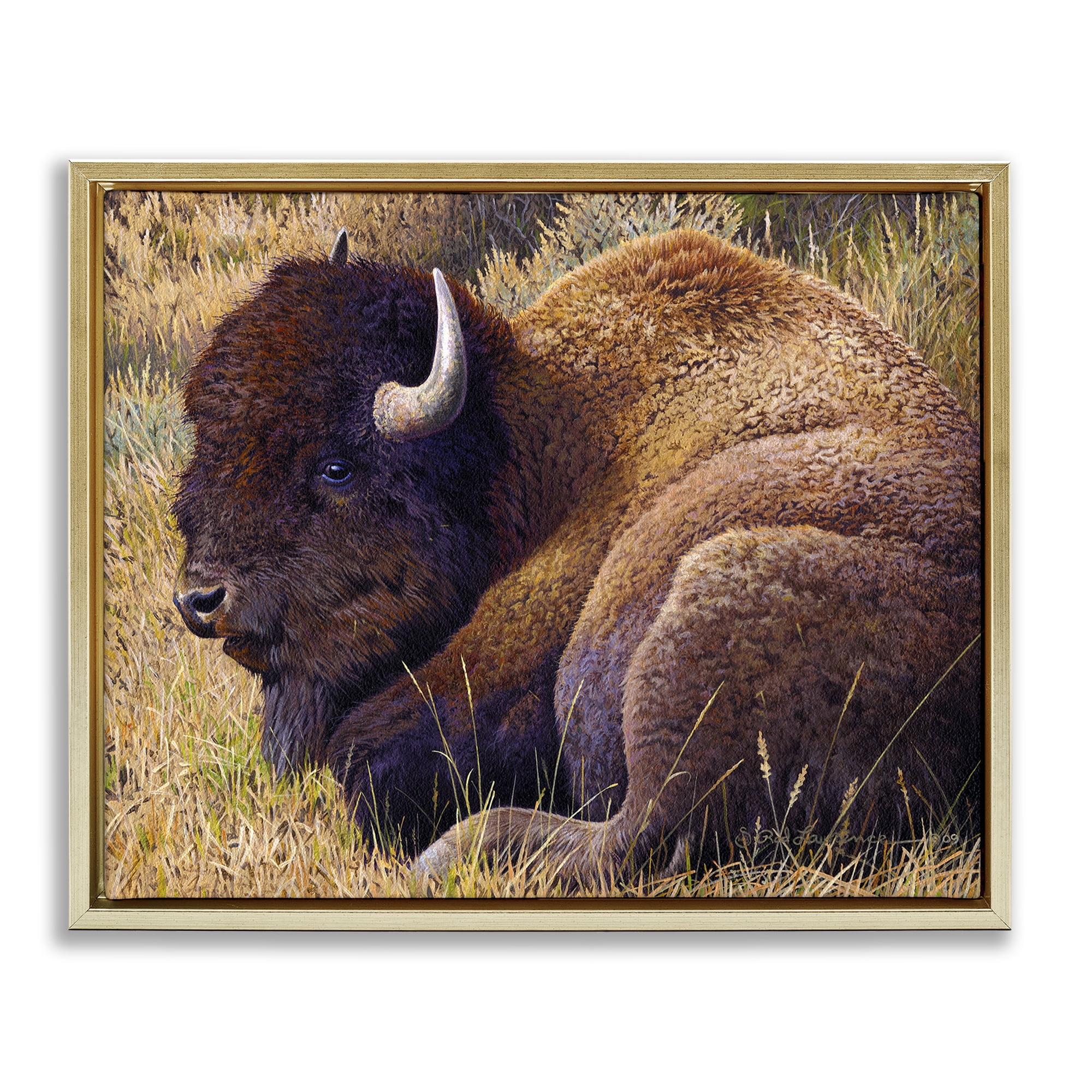 Stupell Industries Relaxing Young Bison Animals Painting Gold Floater Framed Canvas Art Print Wall Art, 31 x 25