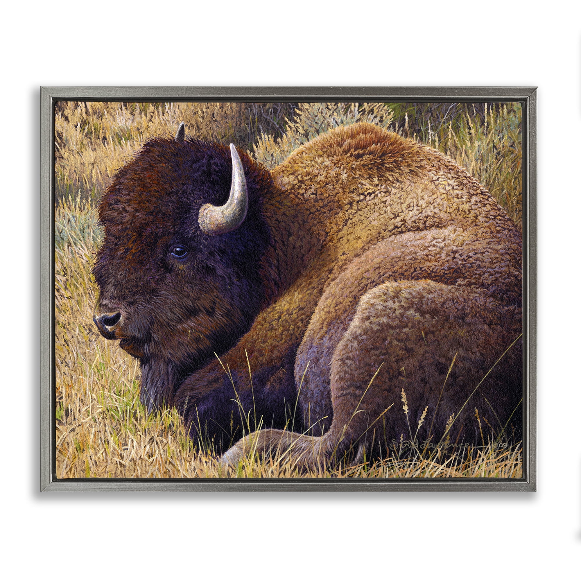 Stupell Industries Relaxing Young Bison Animals Painting Gray Floater Framed Canvas Art Print Wall Art, 21 x 17