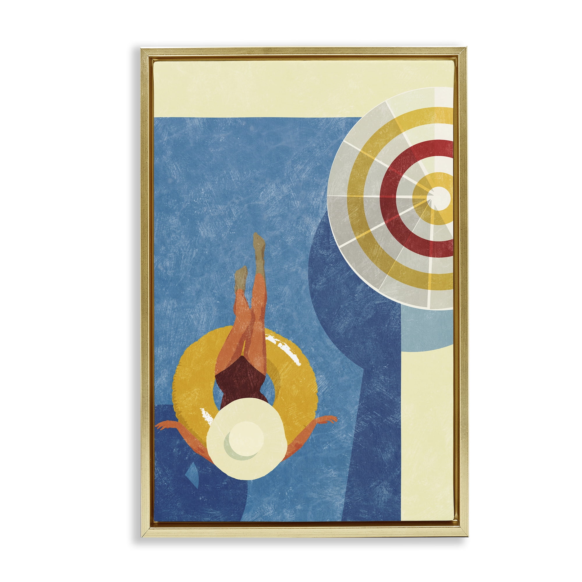 Stupell Industries Relaxing on Pool Float Novelty Painting Gold Floater Framed Canvas Art Print Wall Art, 17 x 25