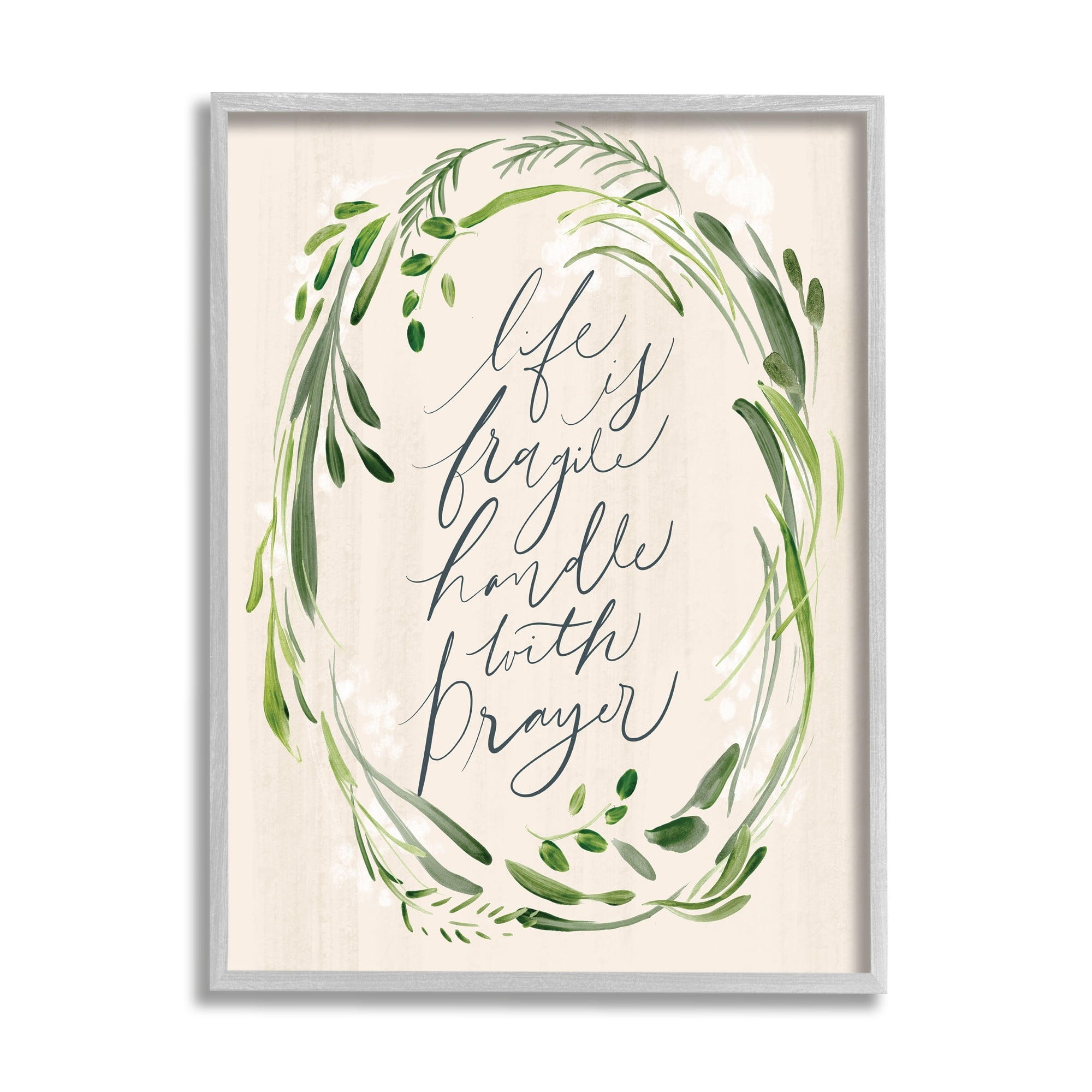 Stupell Industries Religious Prayer Phrase Script Botanical Leaf Border Graphic Art Gray Framed Art Print Wall Art, Design by Caverly Smith