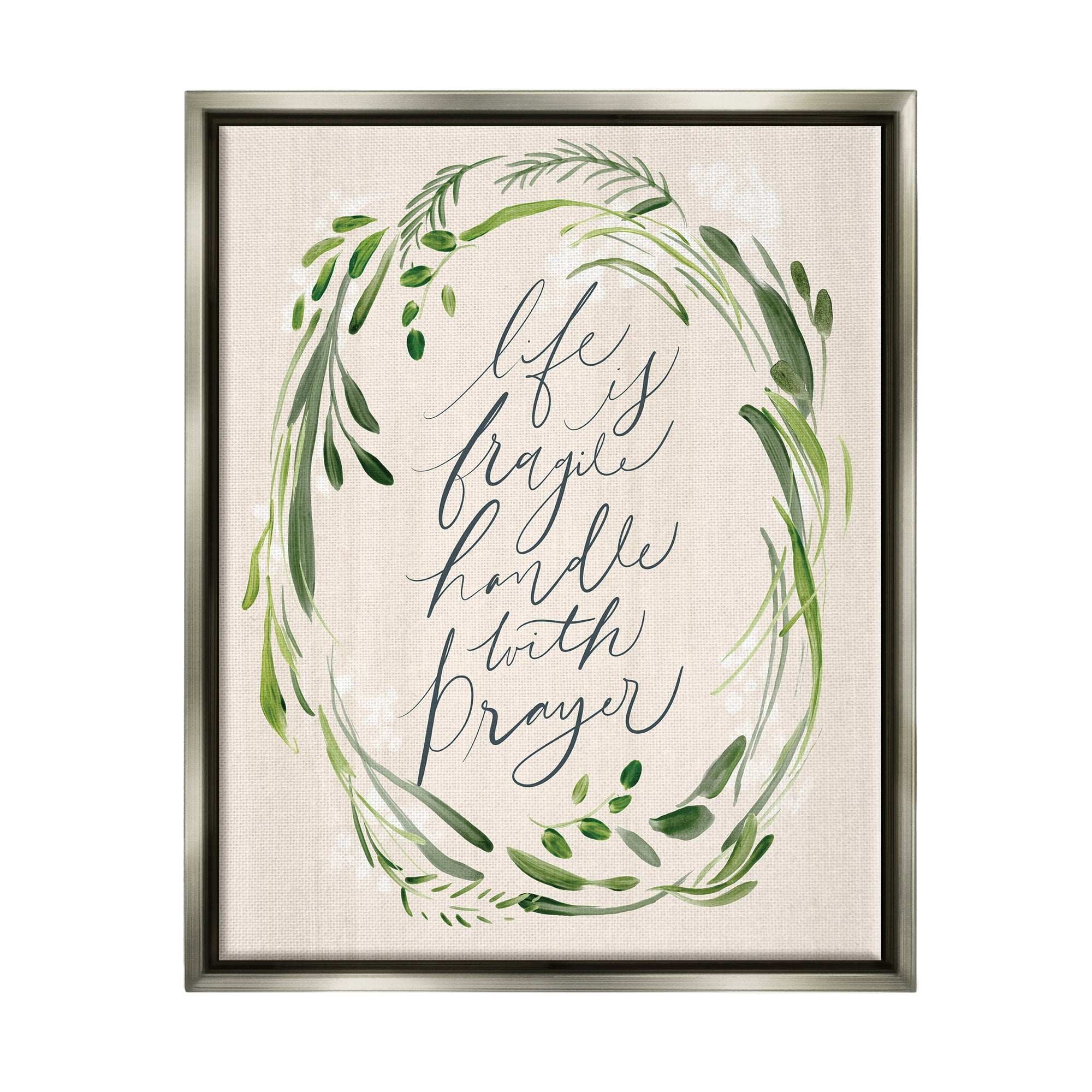 Stupell Industries Religious Prayer Phrase Script Botanical Leaf Border Graphic Art Luster Gray Floating Framed Canvas Print Wall Art, Design by Caverly Smith