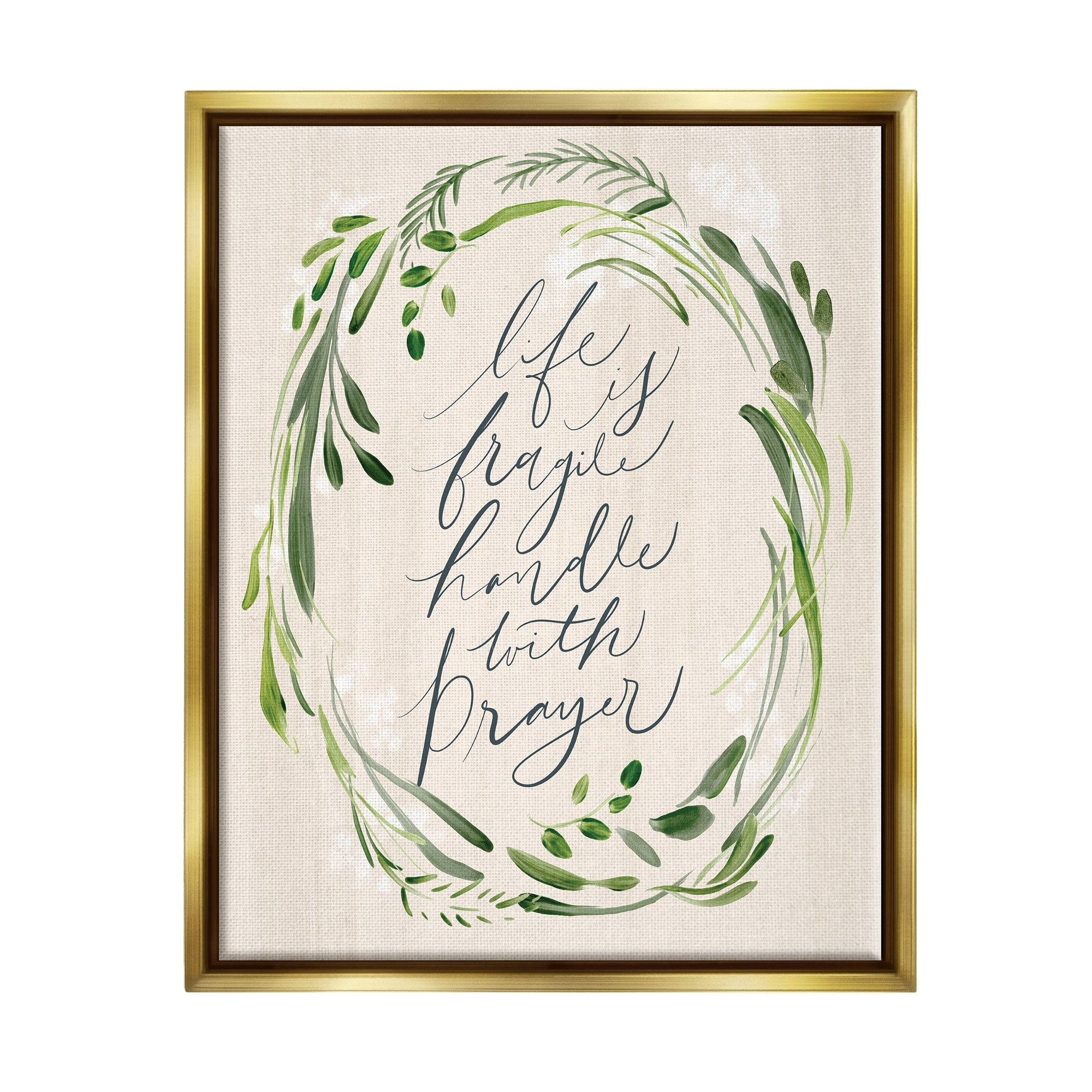 Stupell Industries Religious Prayer Phrase Script Botanical Leaf Border Graphic Art Metallic Gold Floating Framed Canvas Print Wall Art, Design by Caverly Smith