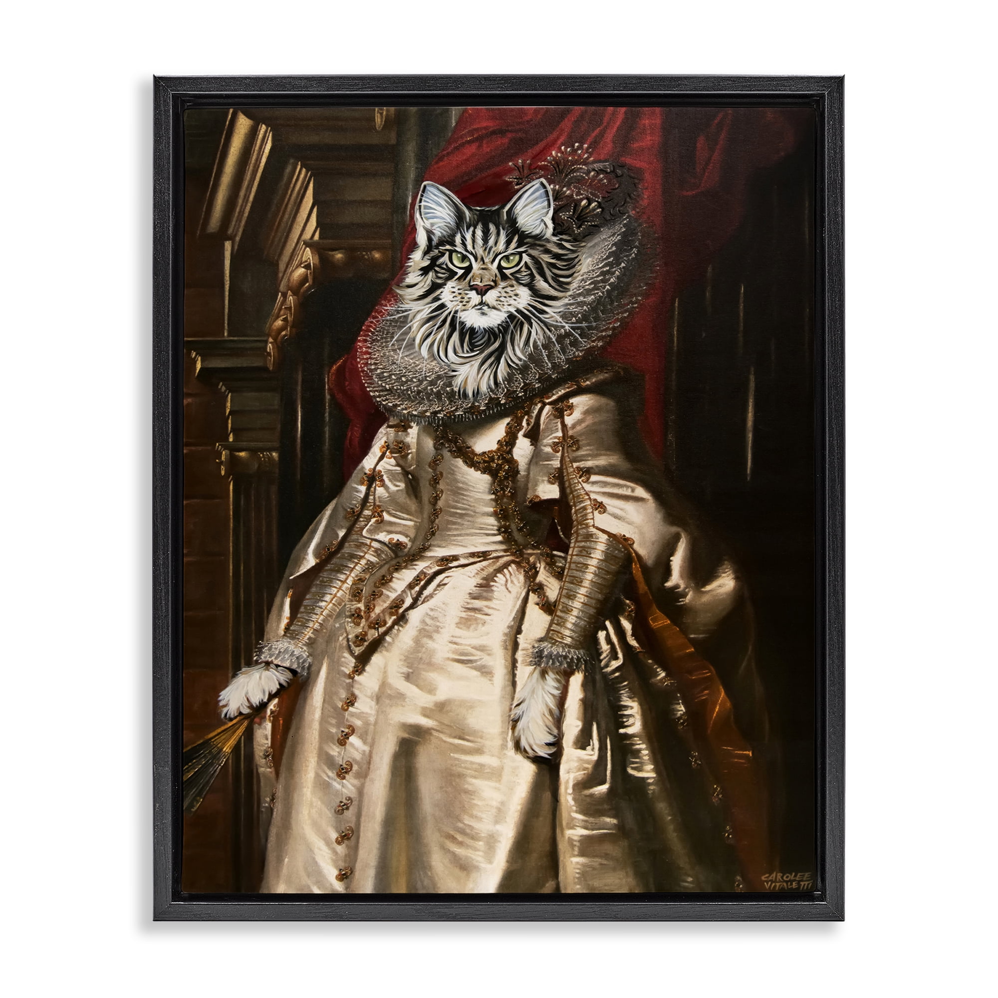 Stupell Industries Renaissance Cat Portrait History & Language Painting Black Floater Framed Canvas Art Print Wall Art, 25 x 31