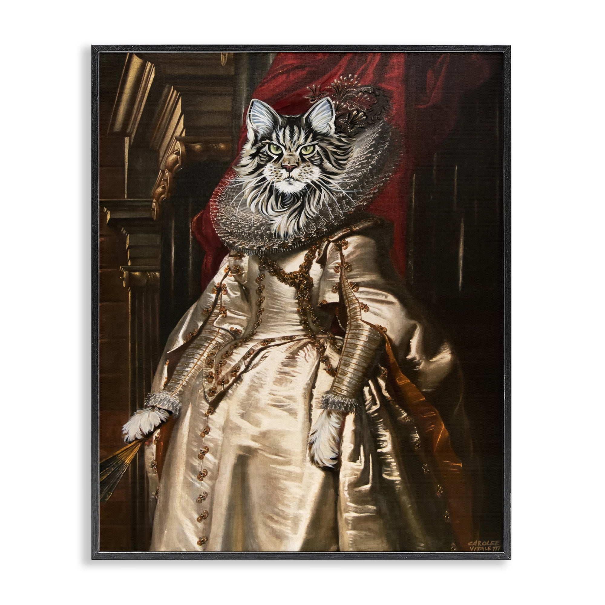 Stupell Industries Renaissance Cat Portrait History & Language Painting Black Framed Art Print Wall Art, 24 x 30