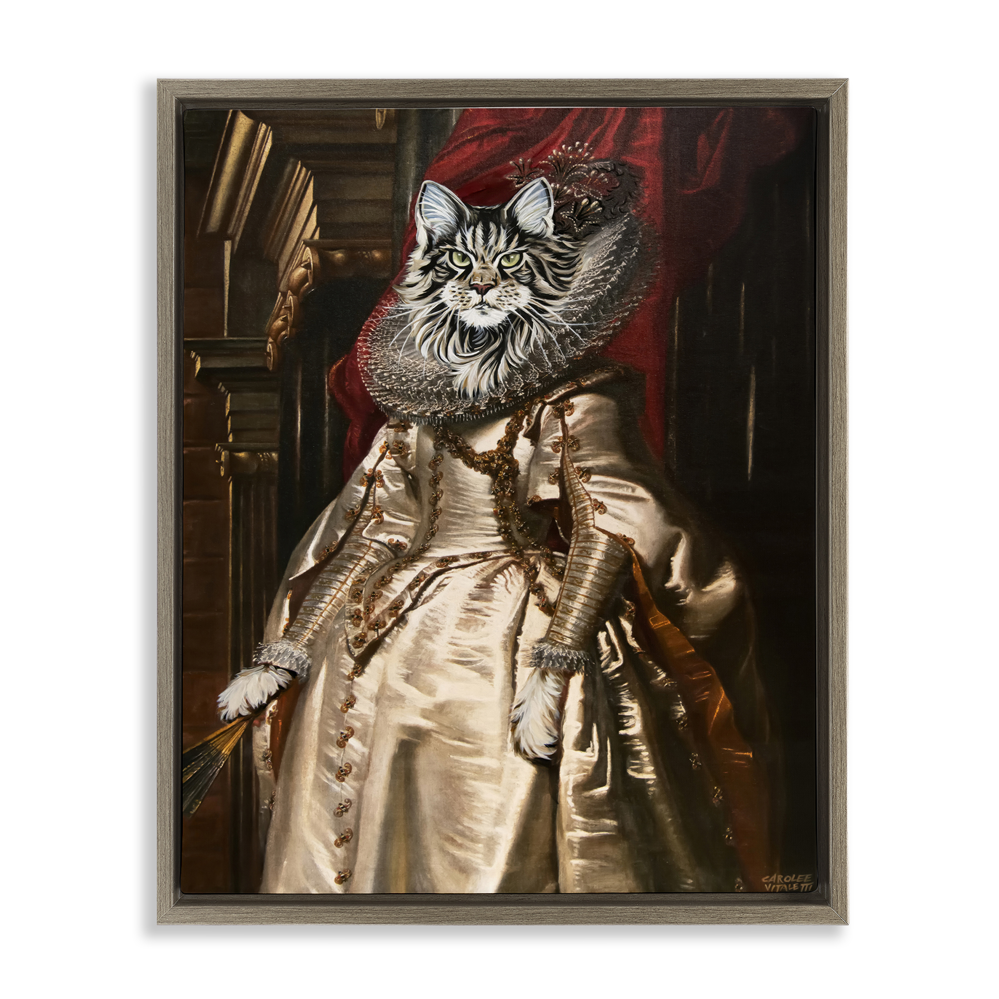 Stupell Industries Renaissance Cat Portrait History & Language Painting Brown Floater Framed Canvas Art Print Wall Art, 25 x 31