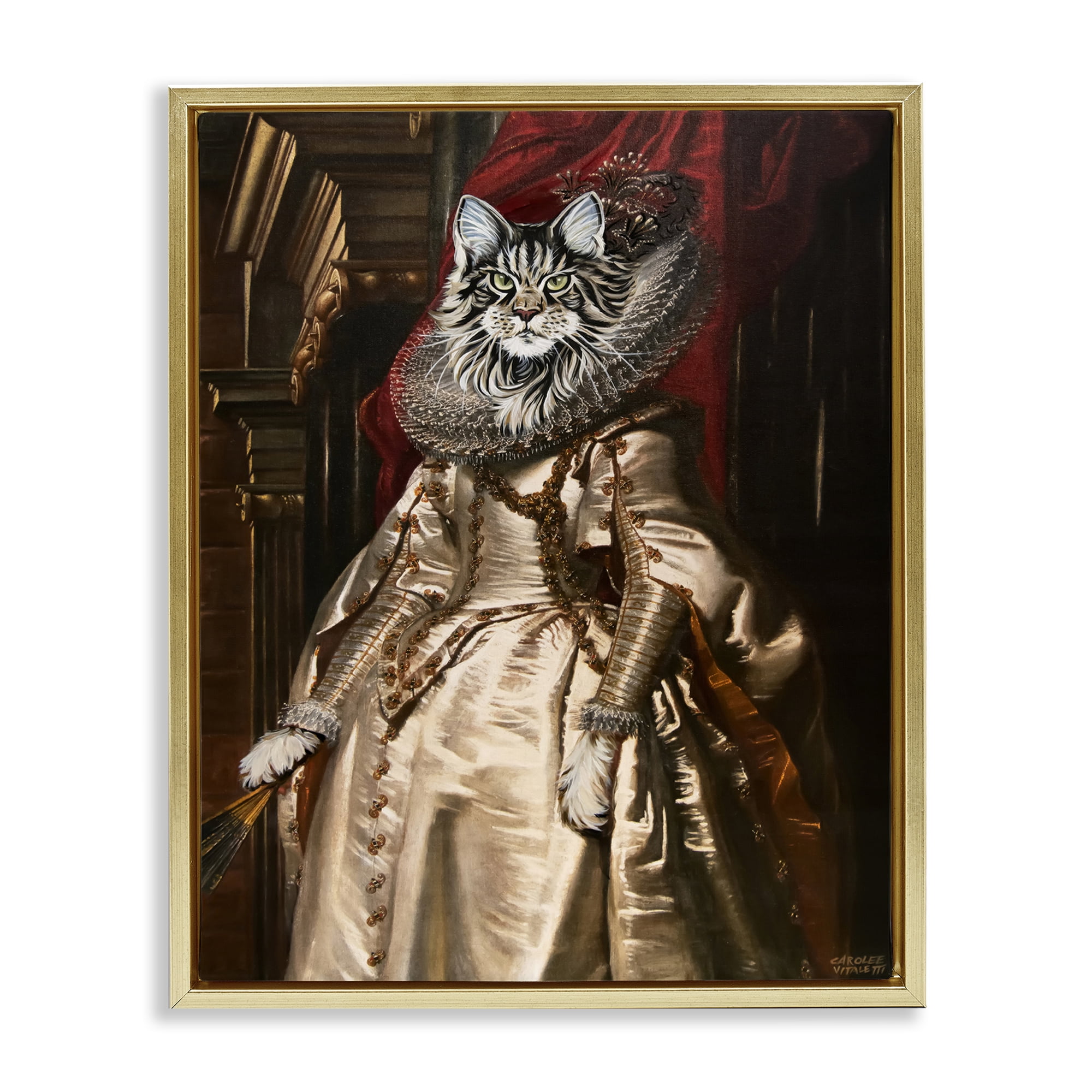 Stupell Industries Renaissance Cat Portrait History & Language Painting Gold Floater Framed Canvas Art Print Wall Art, 17 x 21