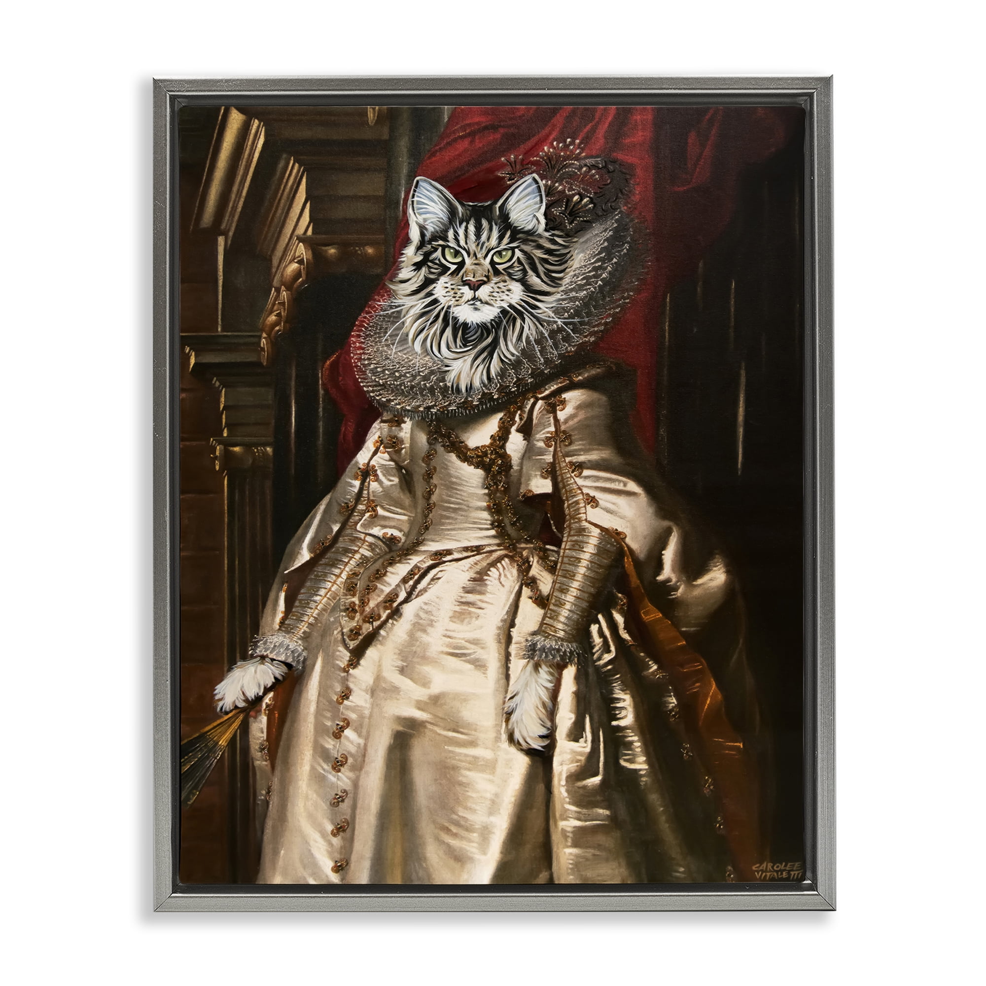 Stupell Industries Renaissance Cat Portrait History & Language Painting Gray Floater Framed Canvas Art Print Wall Art, 17 x 21