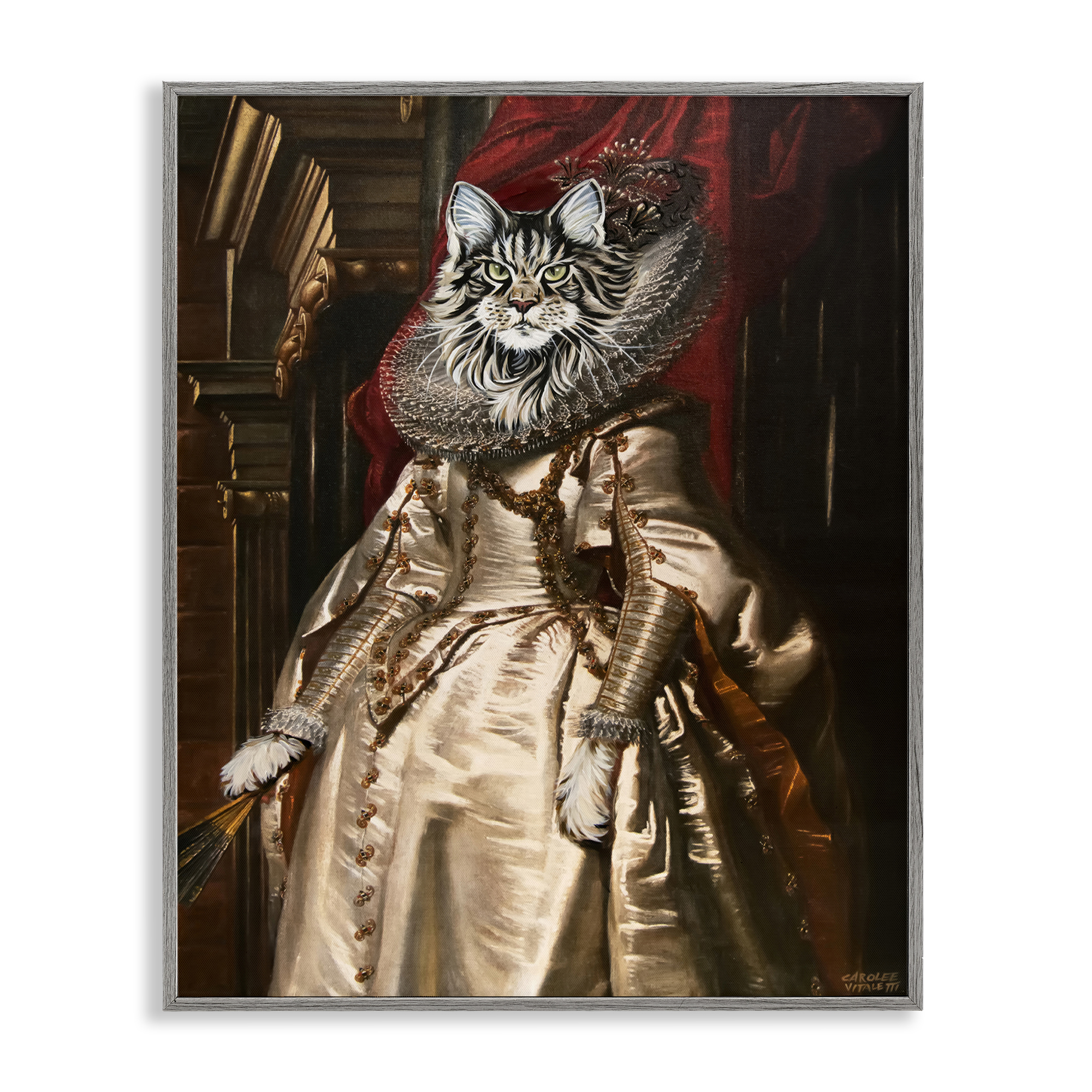 Stupell Industries Renaissance Cat Portrait History & Language Painting Gray Framed Art Print Wall Art, 24 x 30
