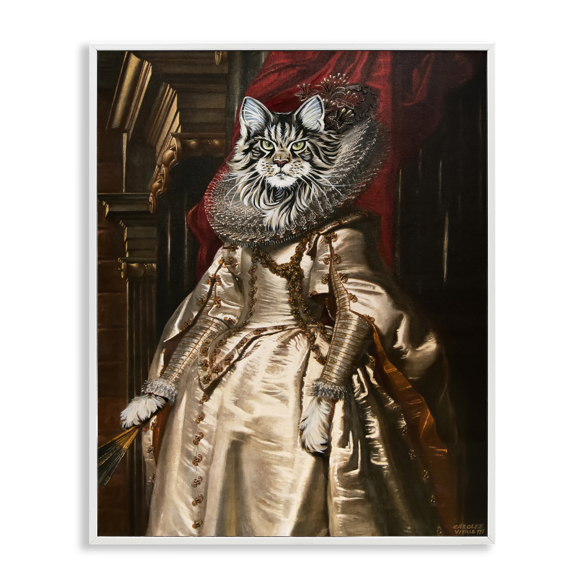 Stupell Industries Renaissance Cat Portrait History & Language Painting White Framed Art Print Wall Art, 24 x 30