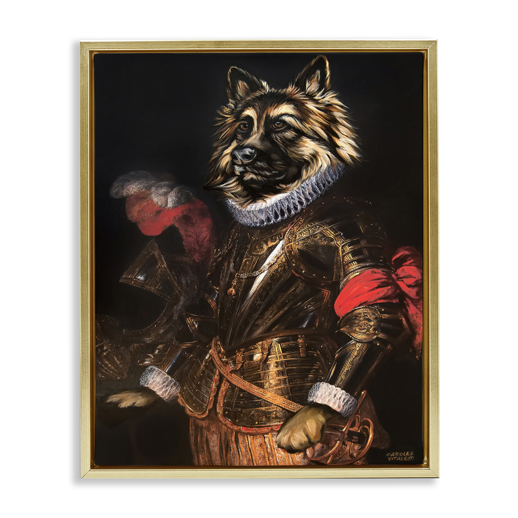 Stupell Industries Renaissance Dog Portrait History & Language Painting Gold Floater Framed Canvas Art Print Wall Art, 17 x 21