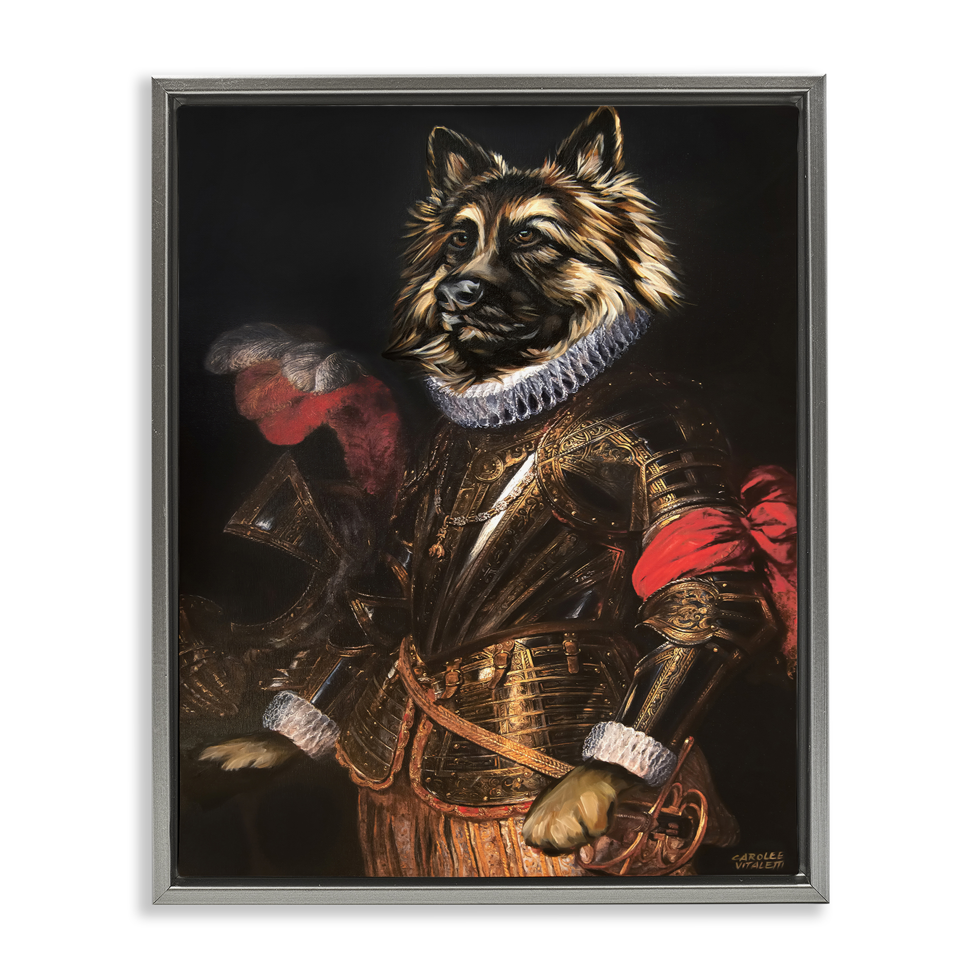 Stupell Industries Renaissance Dog Portrait History & Language Painting Gray Floater Framed Canvas Art Print Wall Art, 25 x 31