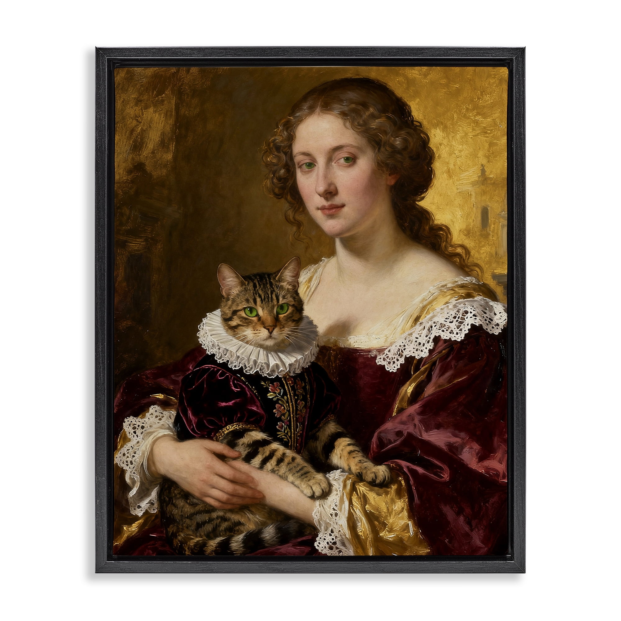 Stupell Industries Renaissance Lady with Regal Cat Black Framed Floater Canvas Wall Art, design by CAD Designs