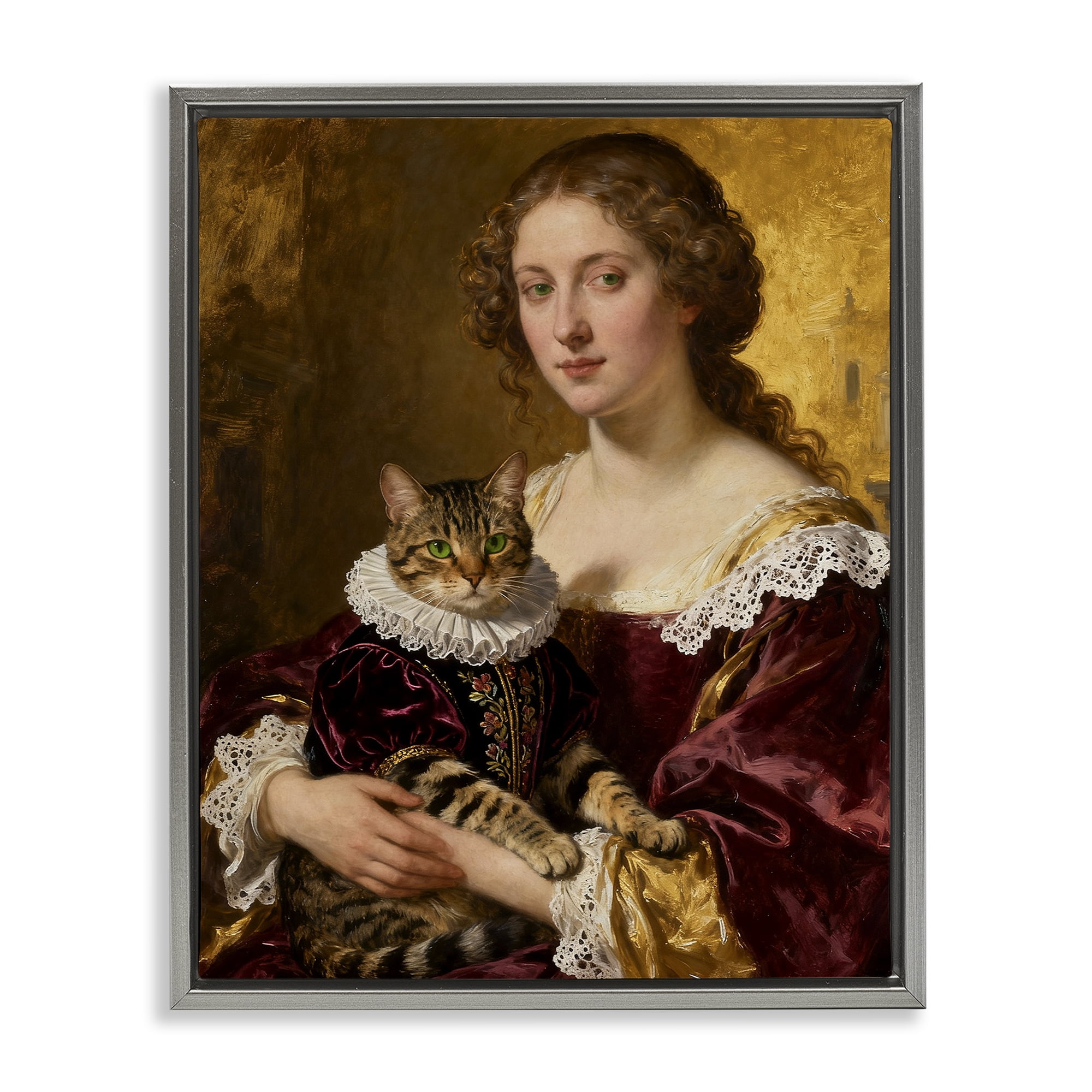 Stupell Industries Renaissance Lady with Regal Cat Gray Framed Floater Canvas Wall Art, design by CAD Designs