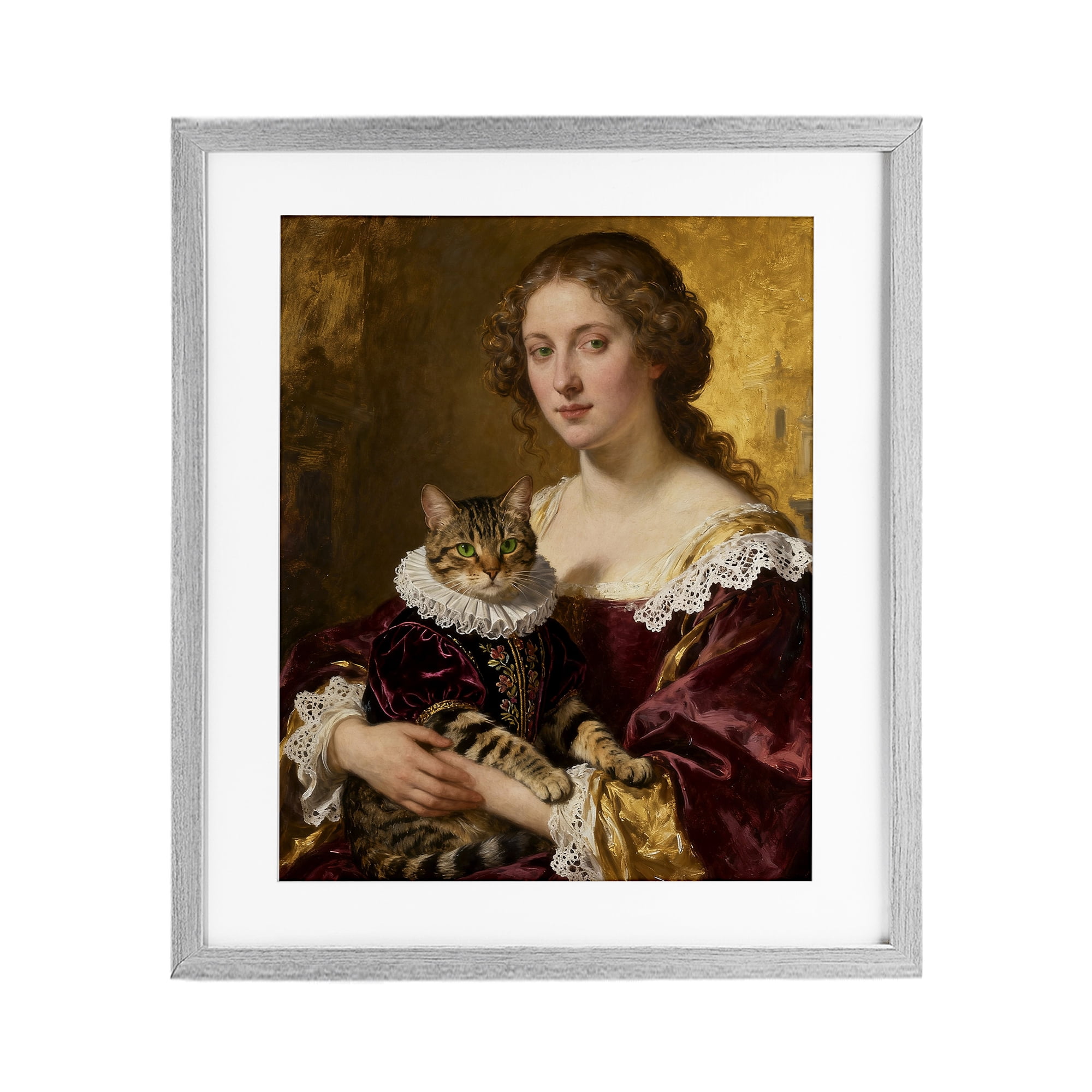 Stupell Industries Renaissance Lady with Regal Cat Gray Framed Print Under Glass, design by CAD Designs