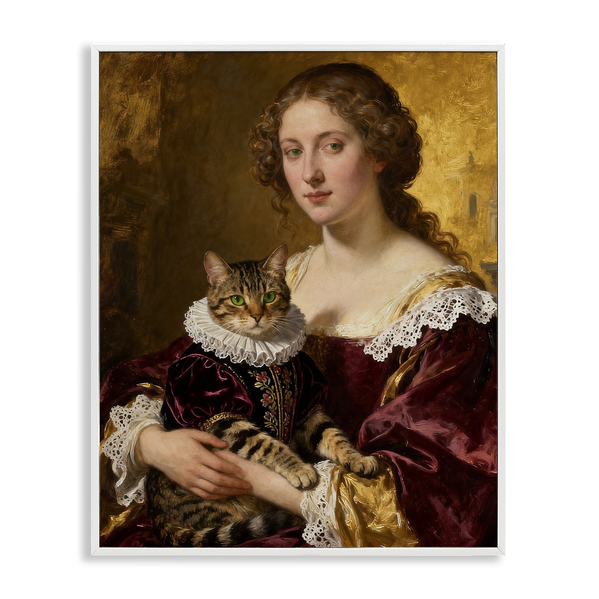 Stupell Industries Renaissance Lady with Regal Cat White Framed Giclee Art, design by CAD Designs