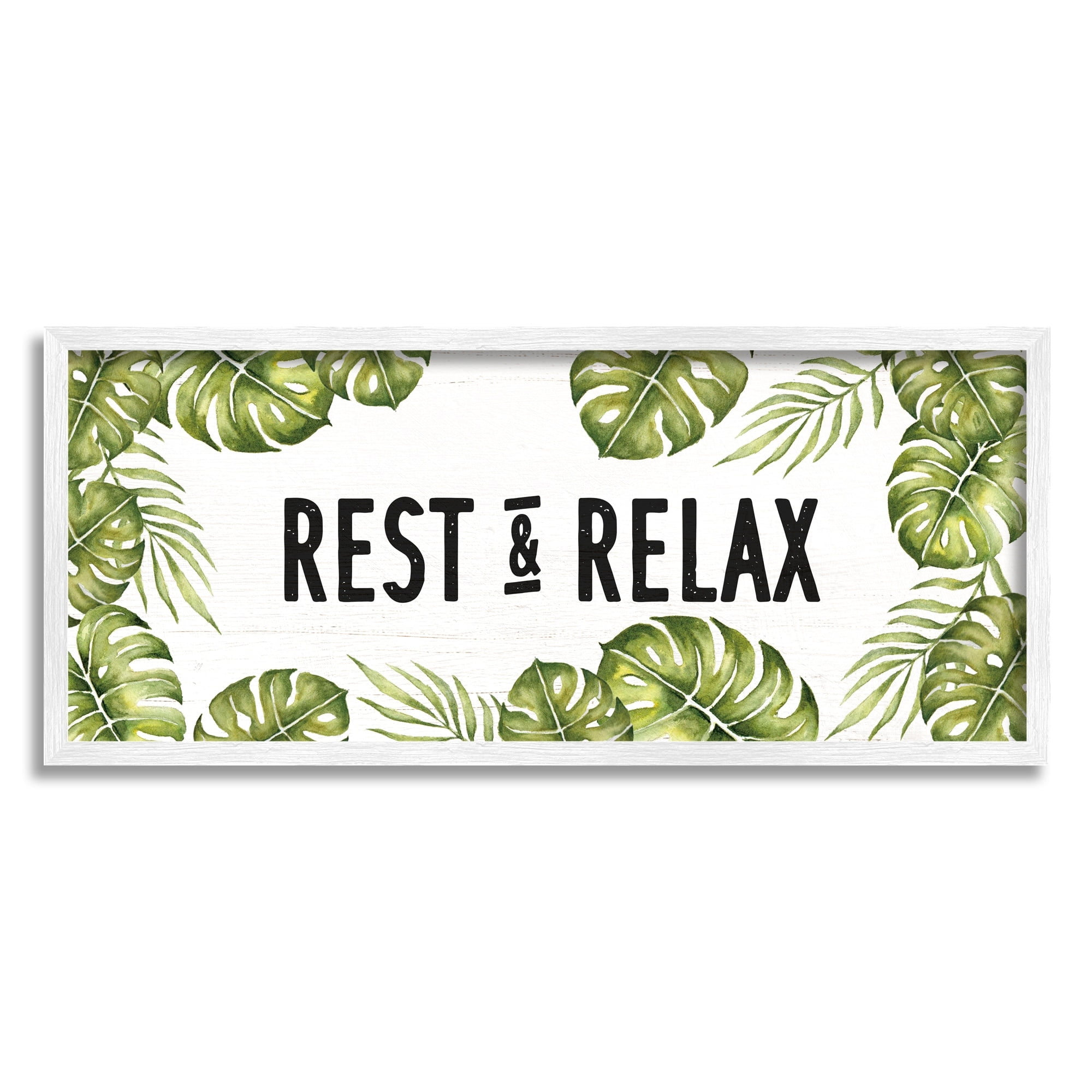 Stupell Industries Rest & Relax Tropical Monstera Plants Leaves Typography Framed Wall Art, 24 x 10, Design by Daphne Polselli