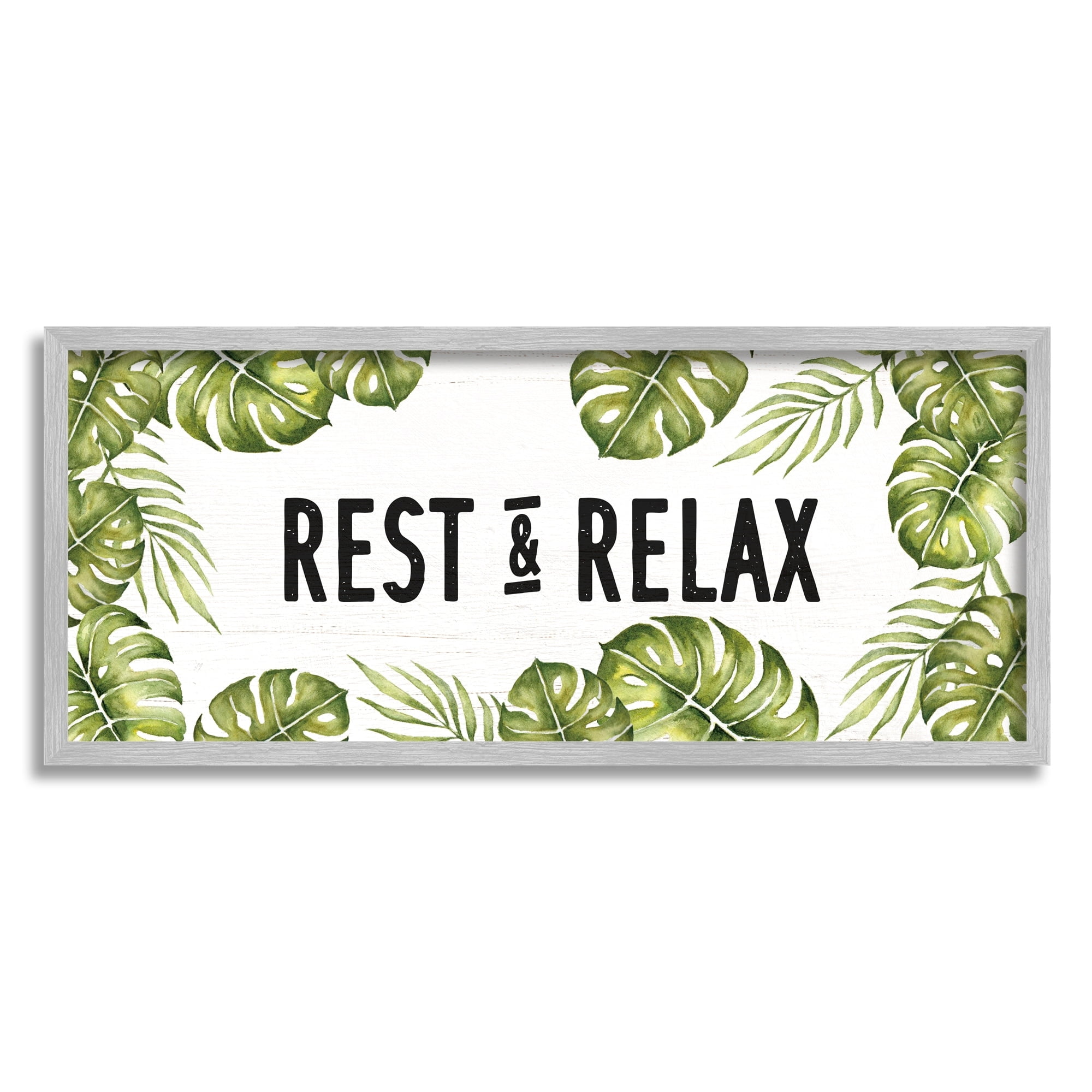 Stupell Industries Rest & Relax Tropical Monstera Plants Leaves Typography Framed Wall Art, 30 x 13, Design by Daphne Polselli
