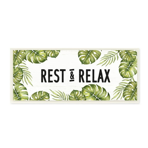 Stupell Industries Rest & Relax Tropical Monstera Plants Leaves Typography Wood Wall Art, 17 x 7, Design by Daphne Polselli