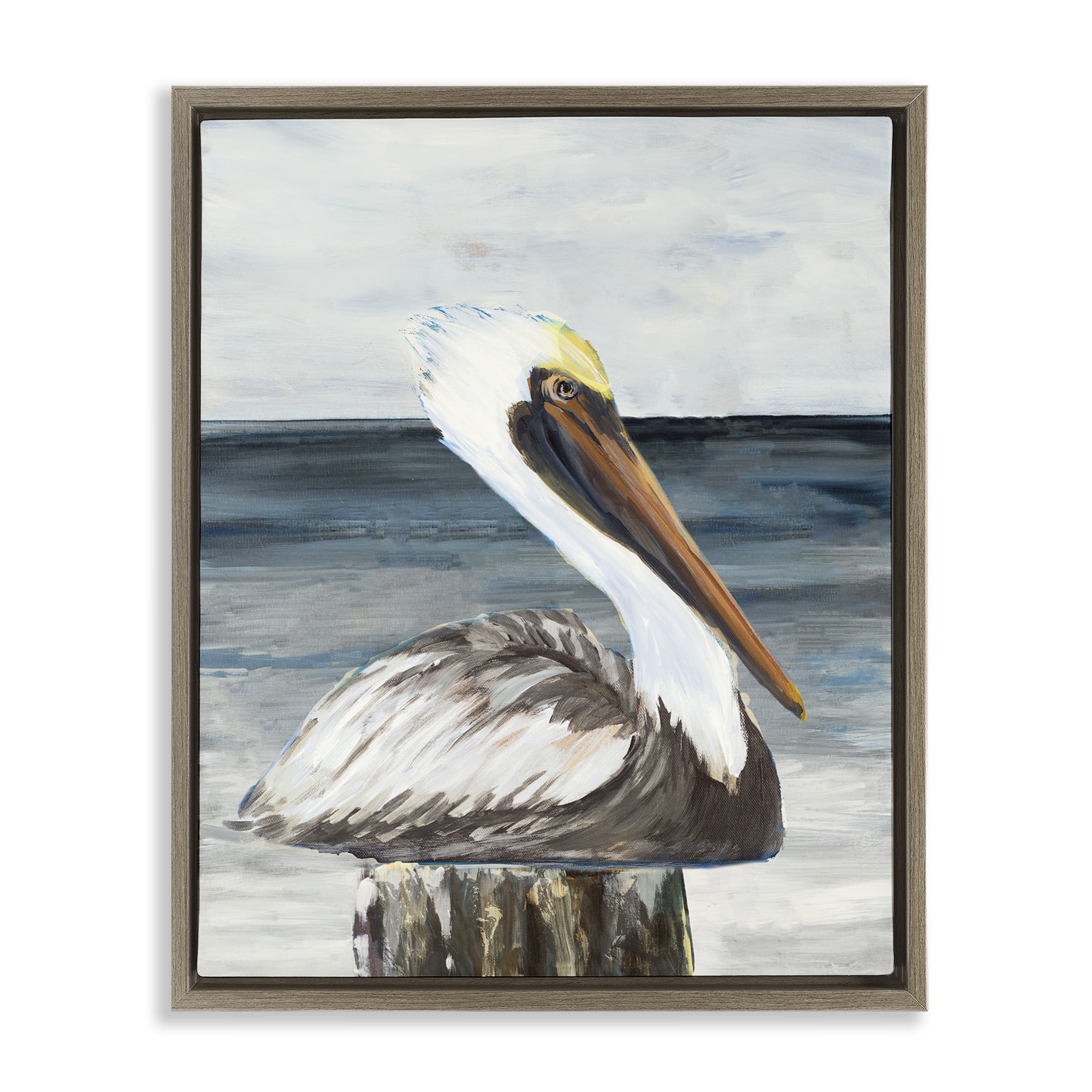 Stupell Industries Resting Beach Pelican Animals & Insects Painting Brown Floater Framed Canvas Art Print Wall Art, 25 x 31