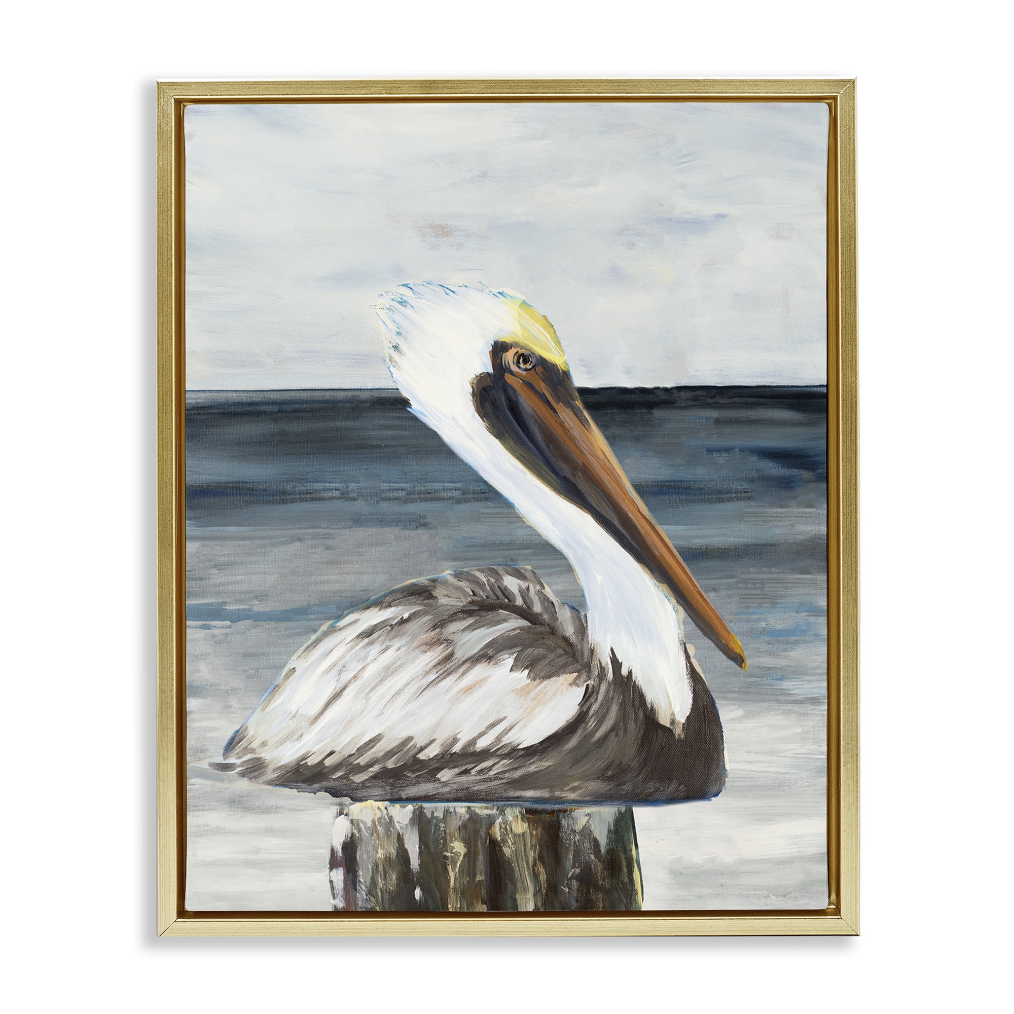 Stupell Industries Resting Beach Pelican Animals & Insects Painting Gold Floater Framed Canvas Art Print Wall Art, 25 x 31