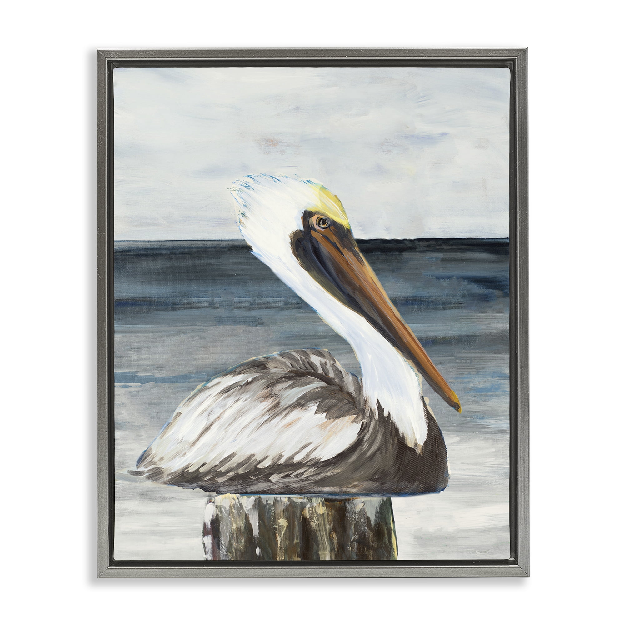 Stupell Industries Resting Beach Pelican Animals & Insects Painting Gray Floater Framed Canvas Art Print Wall Art, 25 x 31