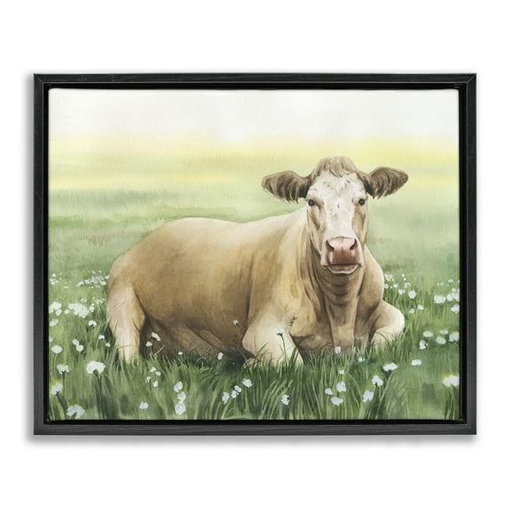 Stupell Industries Resting Beige Cow Animals & Insects Painting Black Floater Framed Canvas Art Print Wall Art, 21 x 17