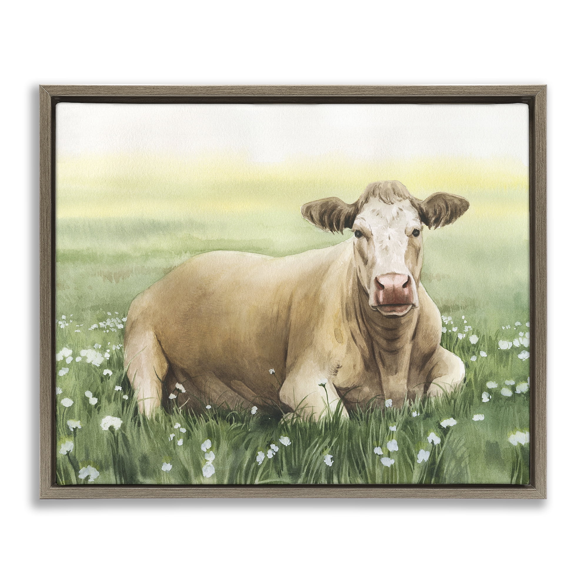 Stupell Industries Resting Beige Cow Animals & Insects Painting Brown Floater Framed Canvas Art Print Wall Art, 21 x 17