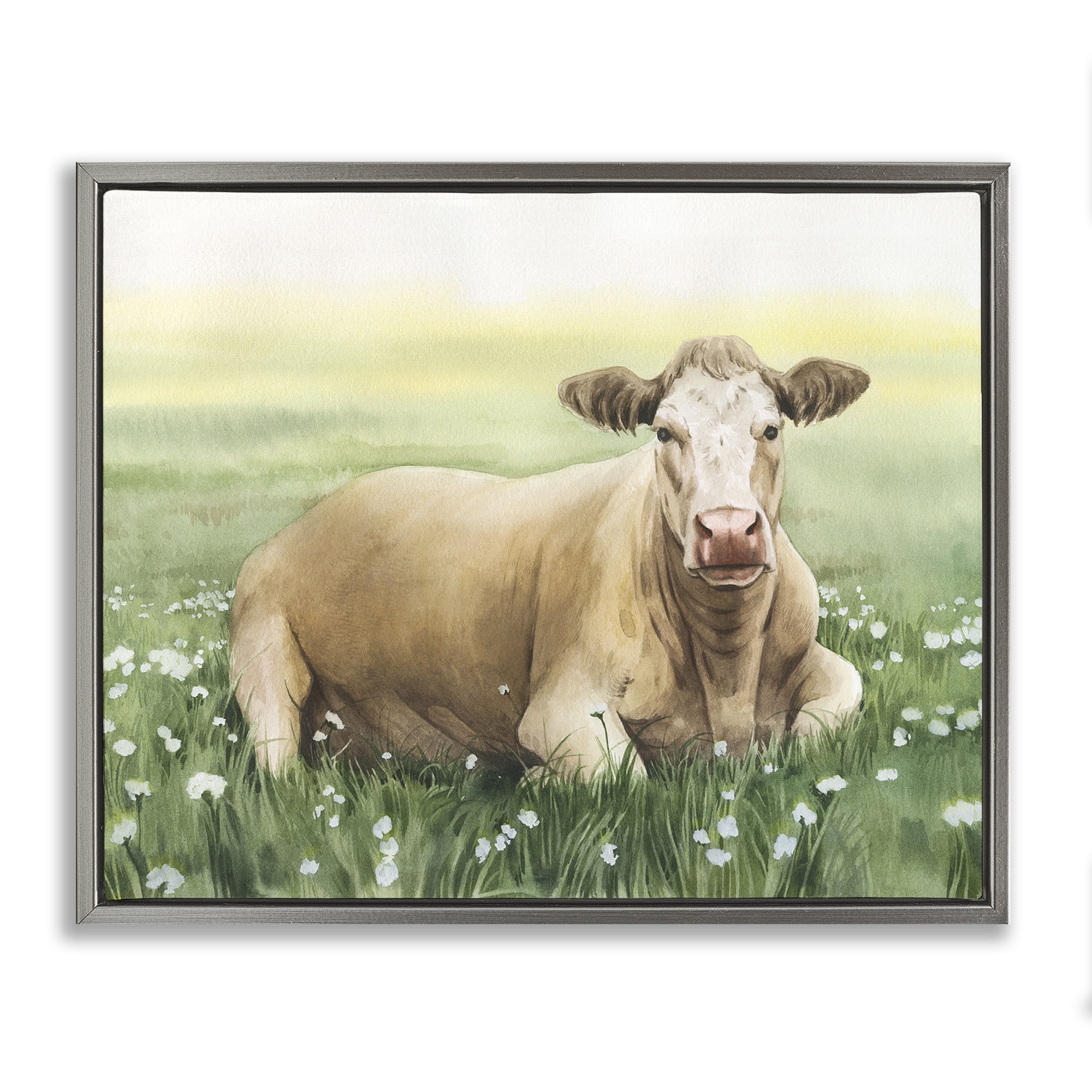 Stupell Industries Resting Beige Cow Animals & Insects Painting Gray Floater Framed Canvas Art Print Wall Art, 21 x 17