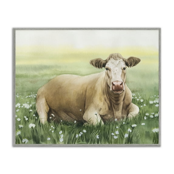 Stupell Industries Resting Beige Cow Animals & Insects Painting Gray Framed Art Print Wall Art, 30 x 24