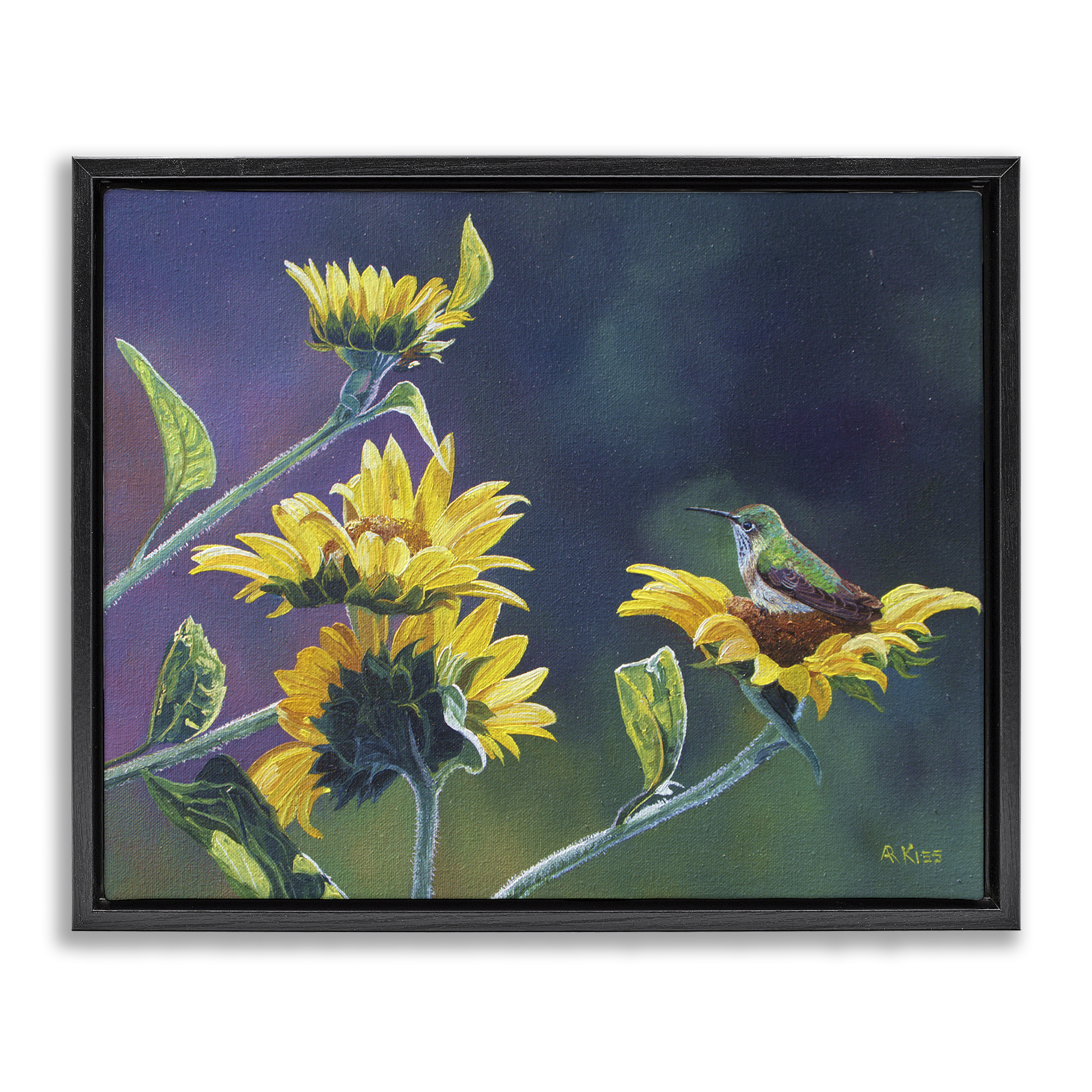 Stupell Industries Resting Birds on Sunflowers Plants & Flowers Painting Black Floater Framed Canvas Art Print Wall Art, 21 x 17