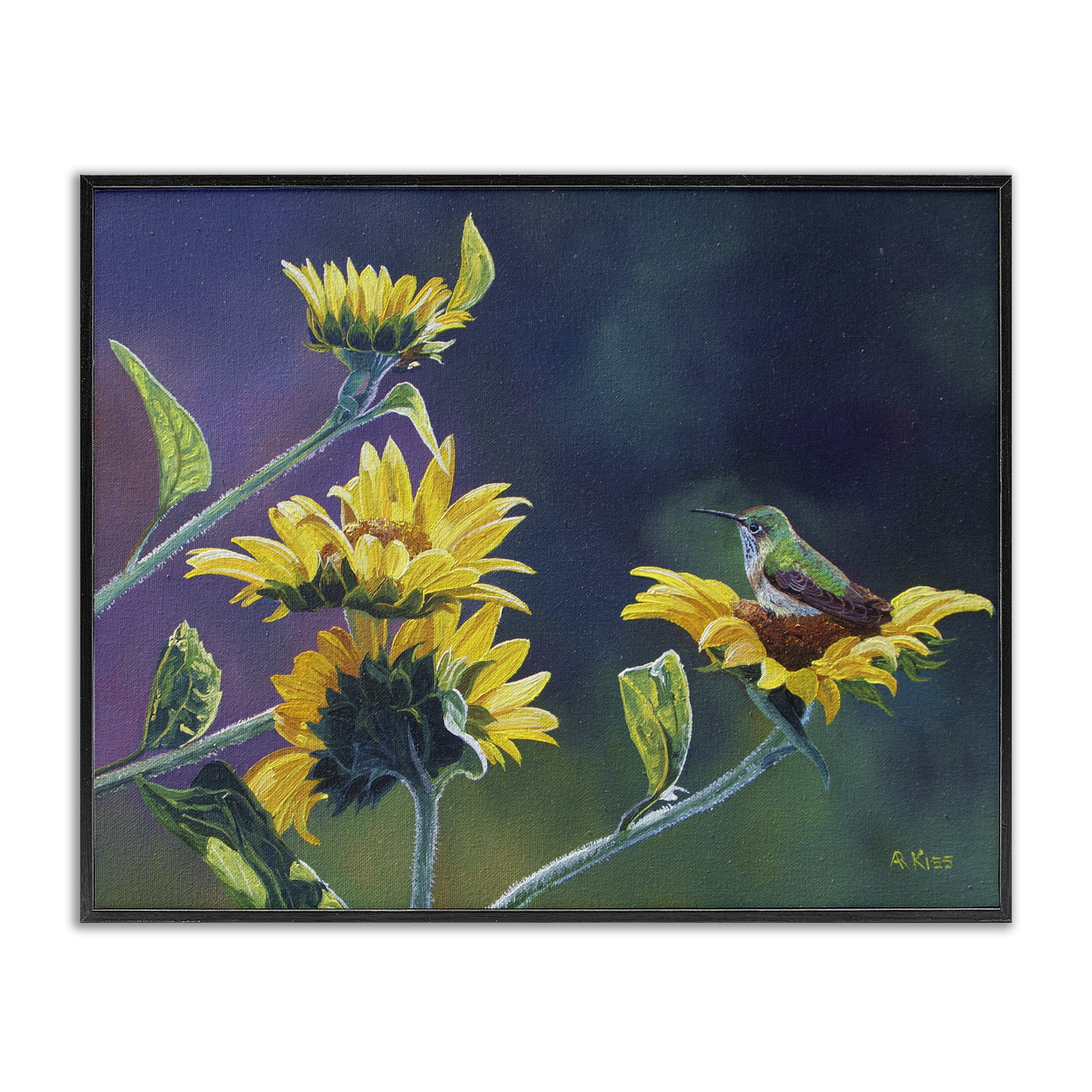 Stupell Industries Resting Birds on Sunflowers Plants & Flowers Painting Black Framed Art Print Wall Art, 30 x 24