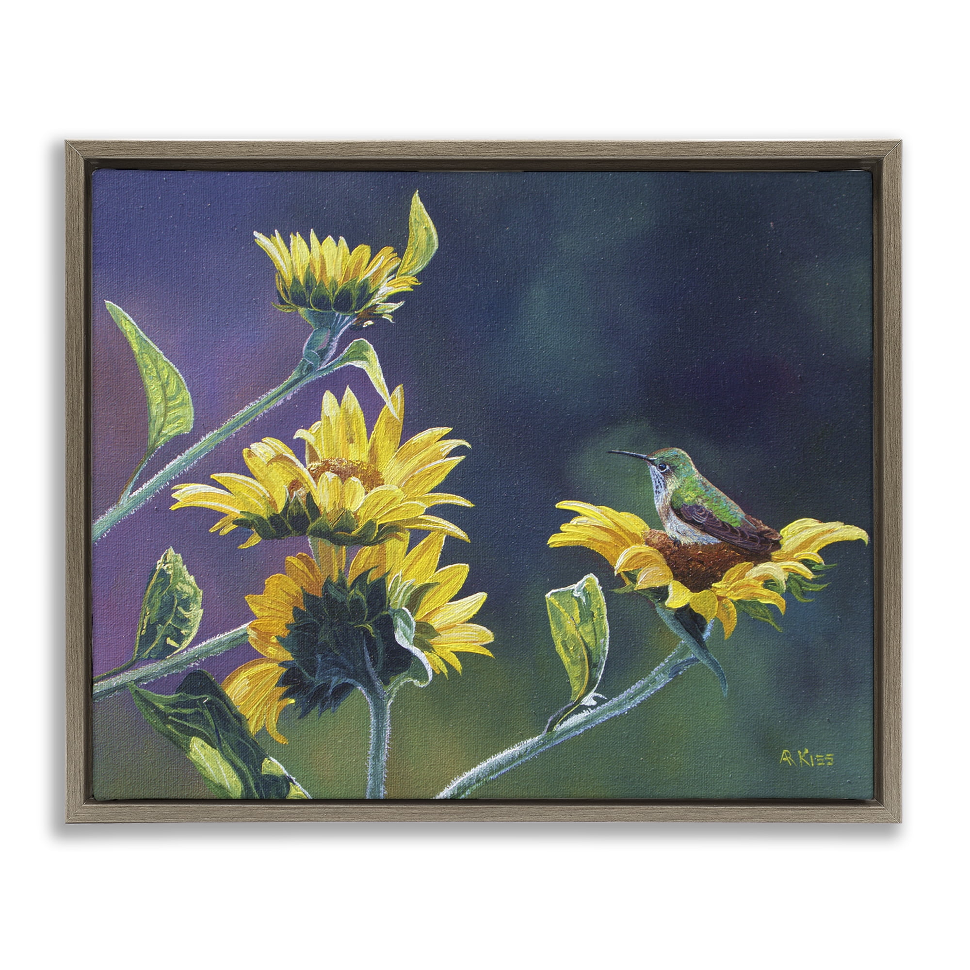 Stupell Industries Resting Birds on Sunflowers Plants & Flowers Painting Brown Floater Framed Canvas Art Print Wall Art, 21 x 17