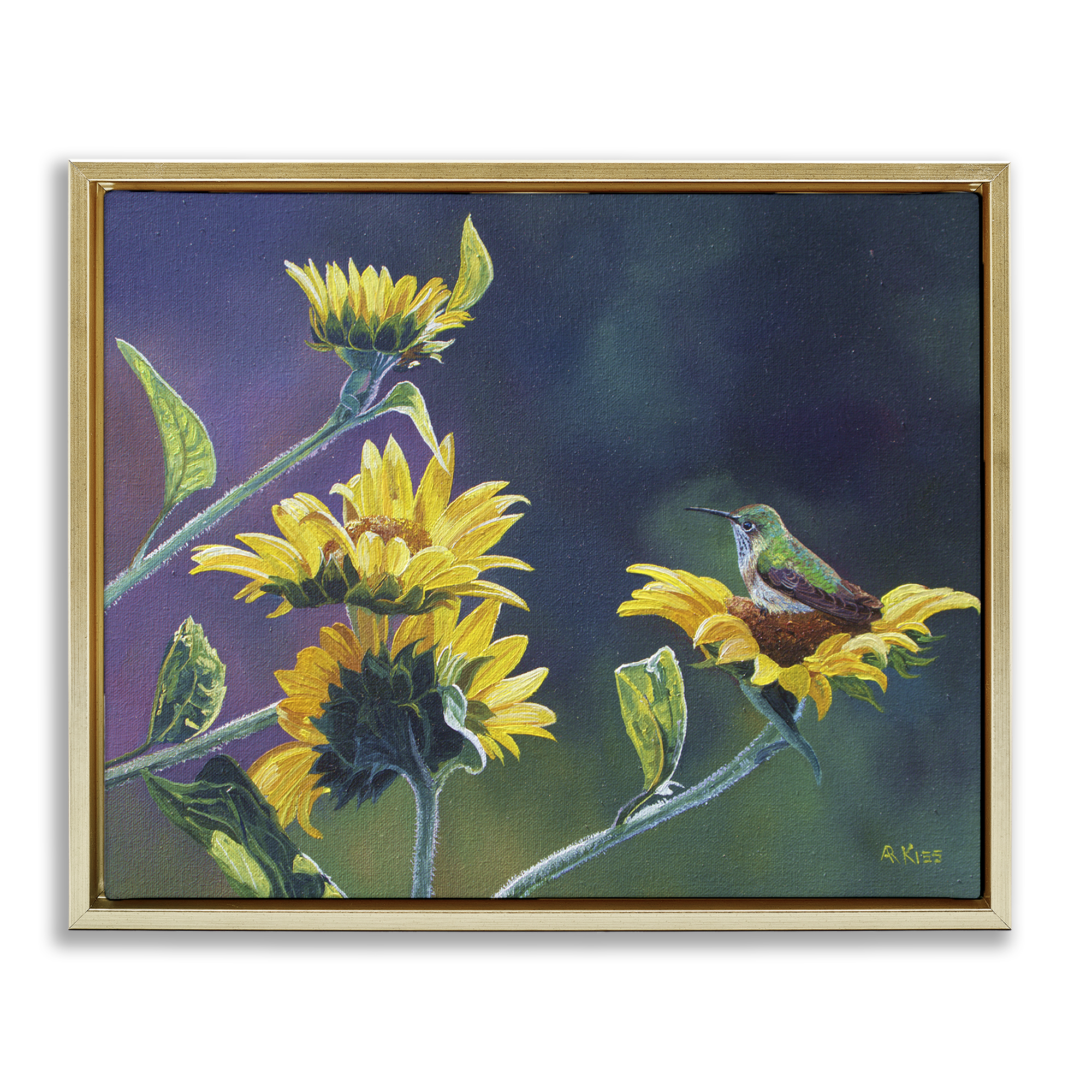 Stupell Industries Resting Birds on Sunflowers Plants & Flowers Painting Gold Floater Framed Canvas Art Print Wall Art, 31 x 25